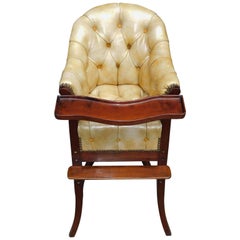Antique English Mahogany Leather Tufted High Chair with Tray and Splayed Legs, C. !820