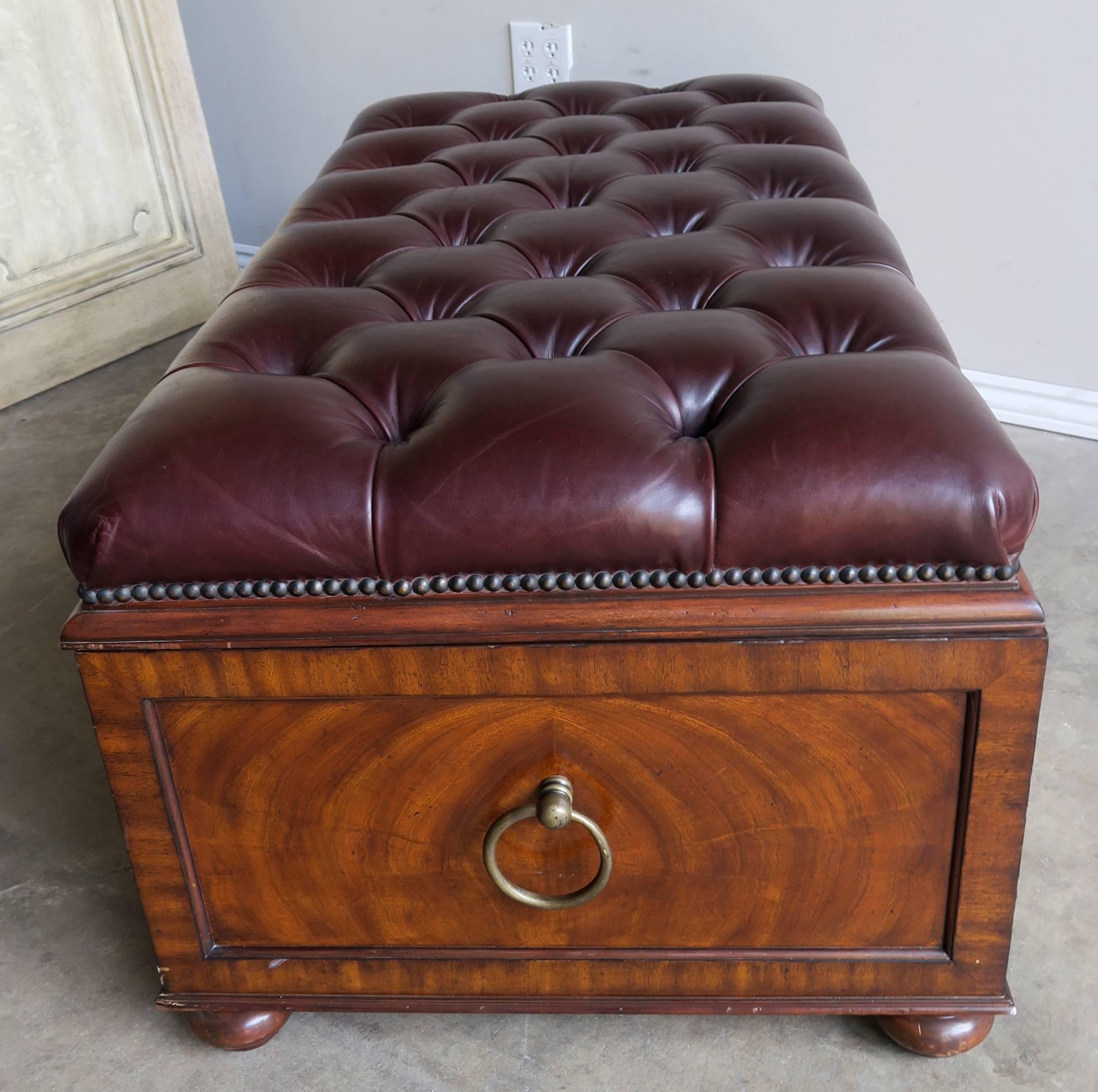 English Mahogany Leather Tufted Trunk or Bench 4