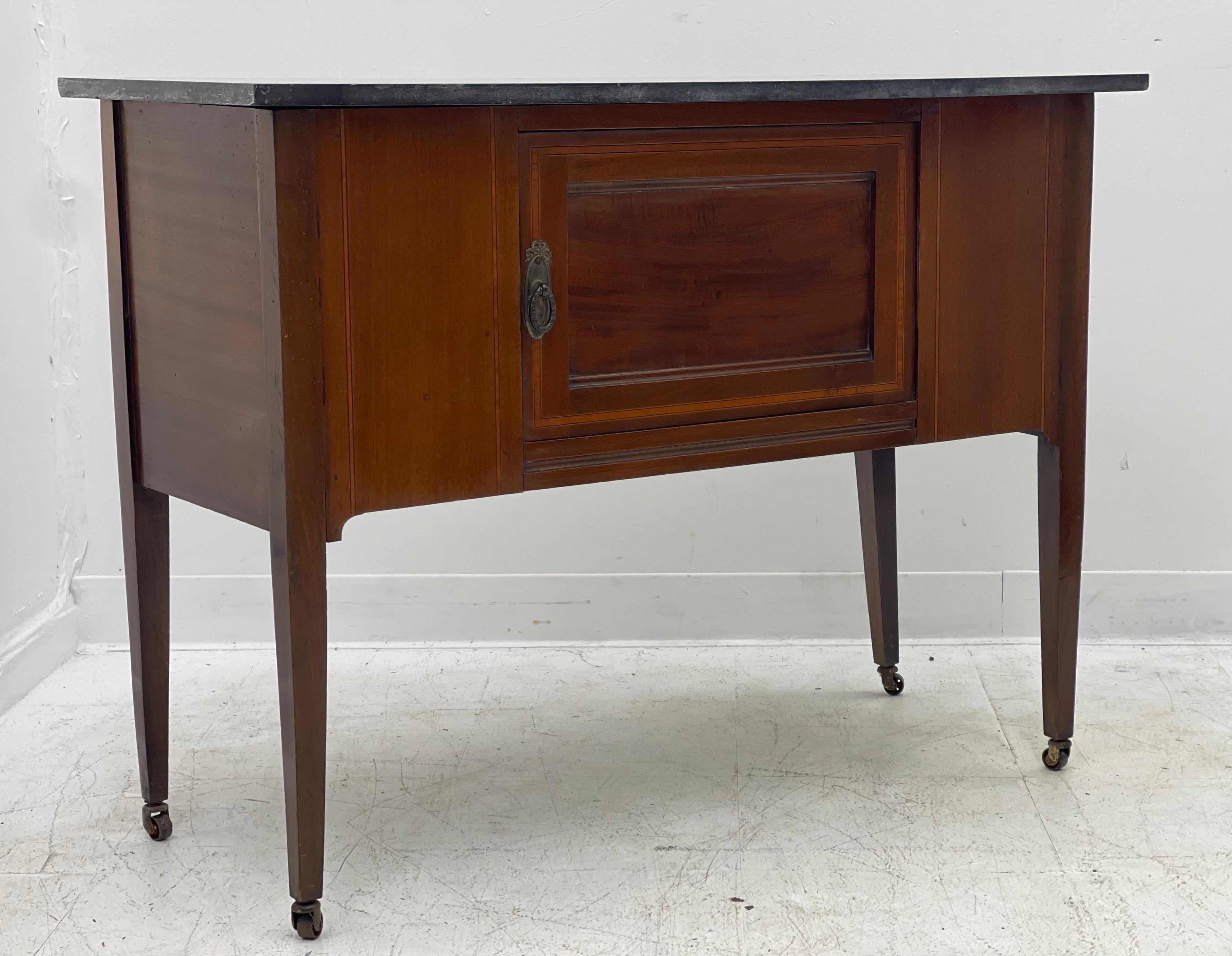 Mid-20th Century English Mahogany Marble-Top Cabinet or Console Table on Casters For Sale