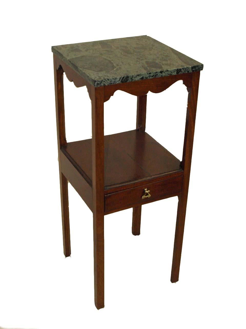 English mahogany marble top stand with verde marble top above scalloped apron , lower shelf and single drawer with swing brass pull, circa 1810, marble is not original to the piece.