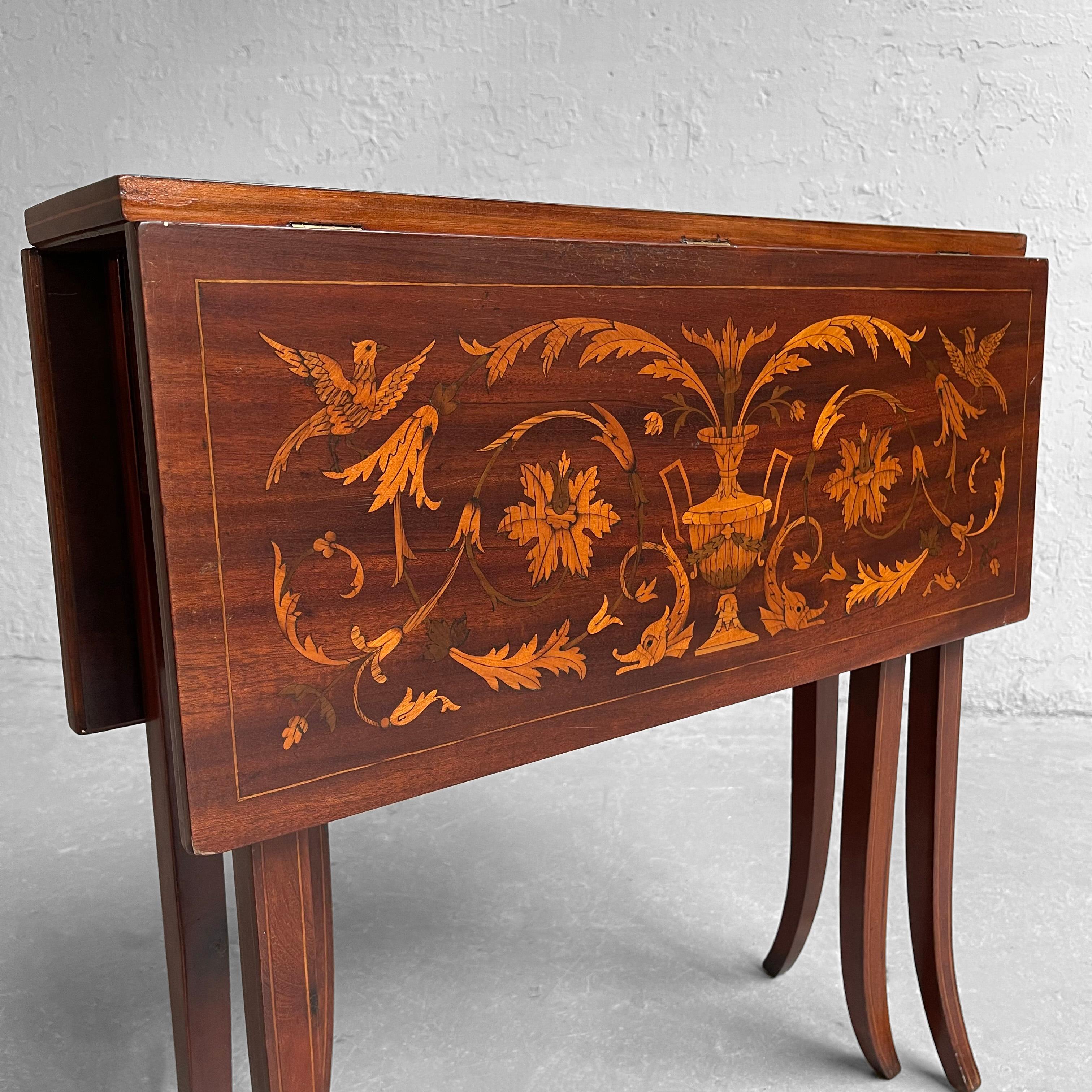 Boxwood English Mahogany Marquetry Drop Leaf Side Table For Sale