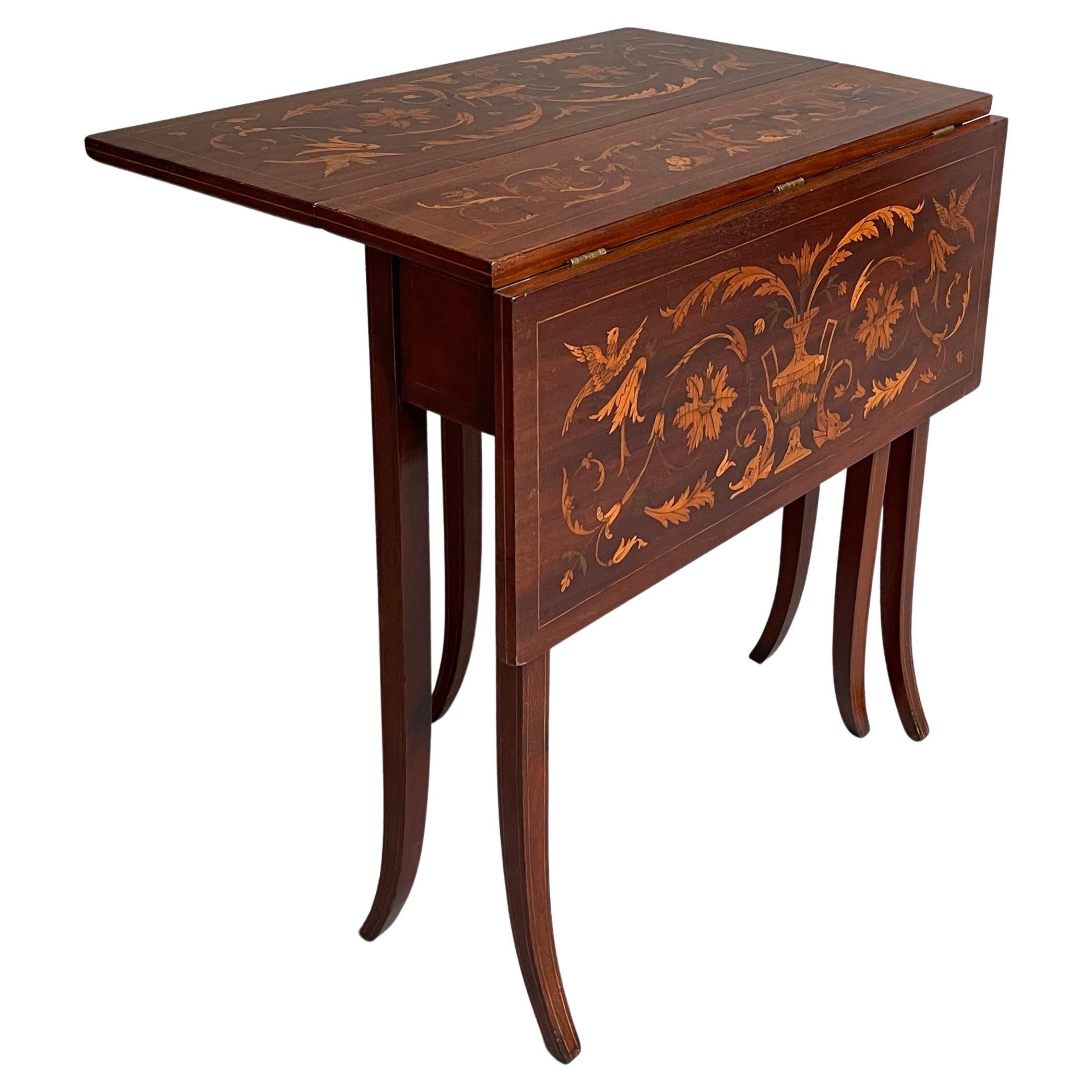 English Mahogany Marquetry Drop Leaf Side Table For Sale