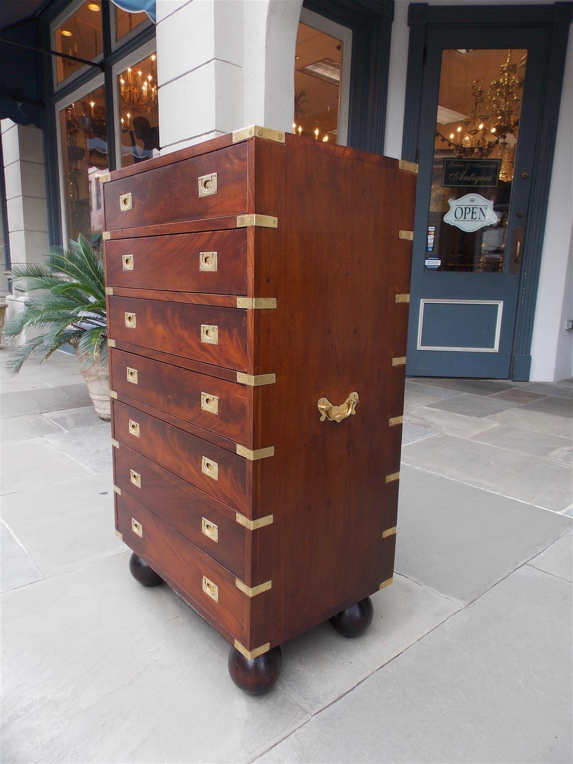 Hand-Carved English Mahogany Military Campaign Tall Chest with Recessed Brasses, Circa 1870