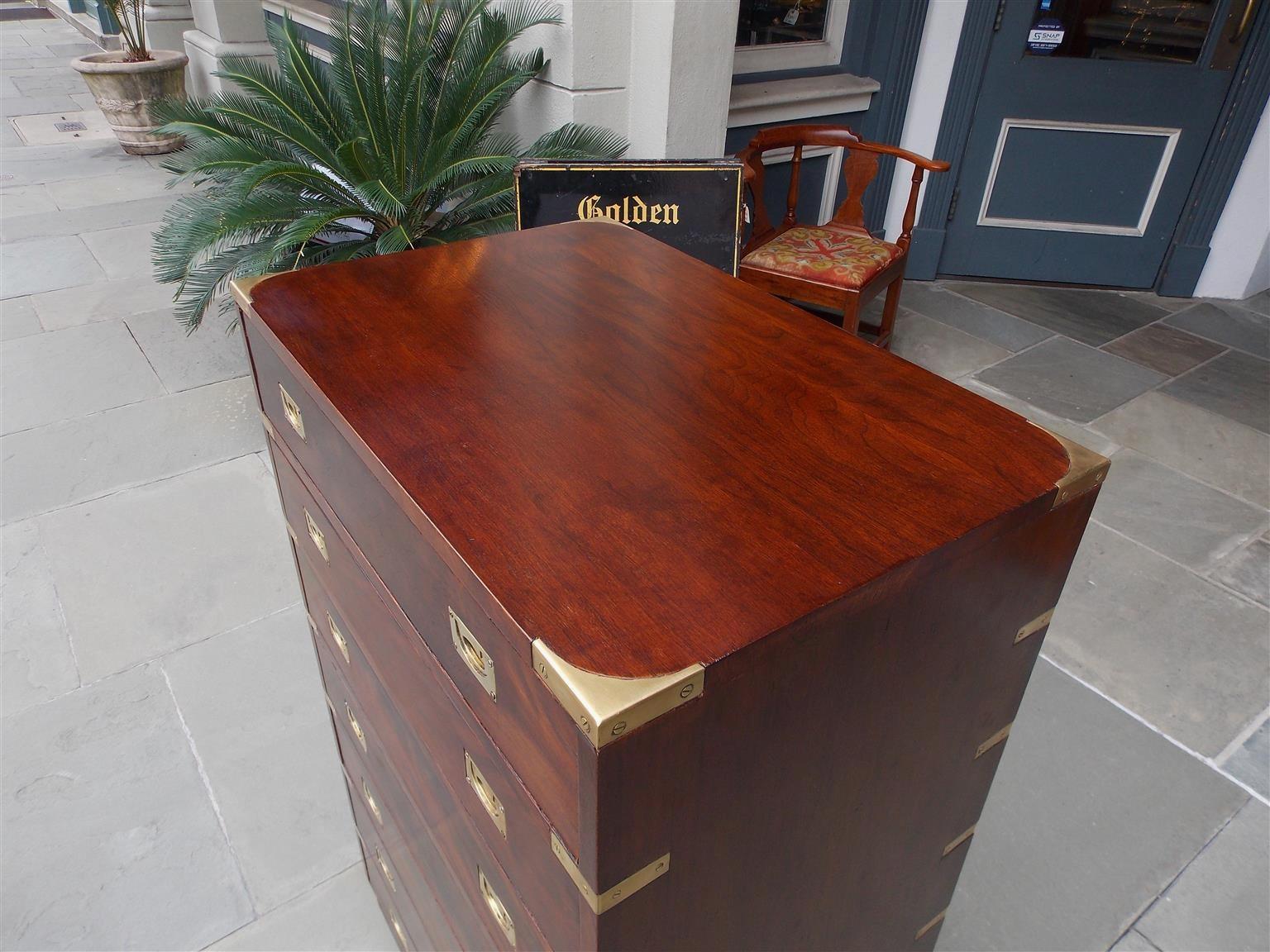 English Mahogany Military Campaign Tall Chest with Recessed Brasses, Circa 1870 In Excellent Condition In Hollywood, SC