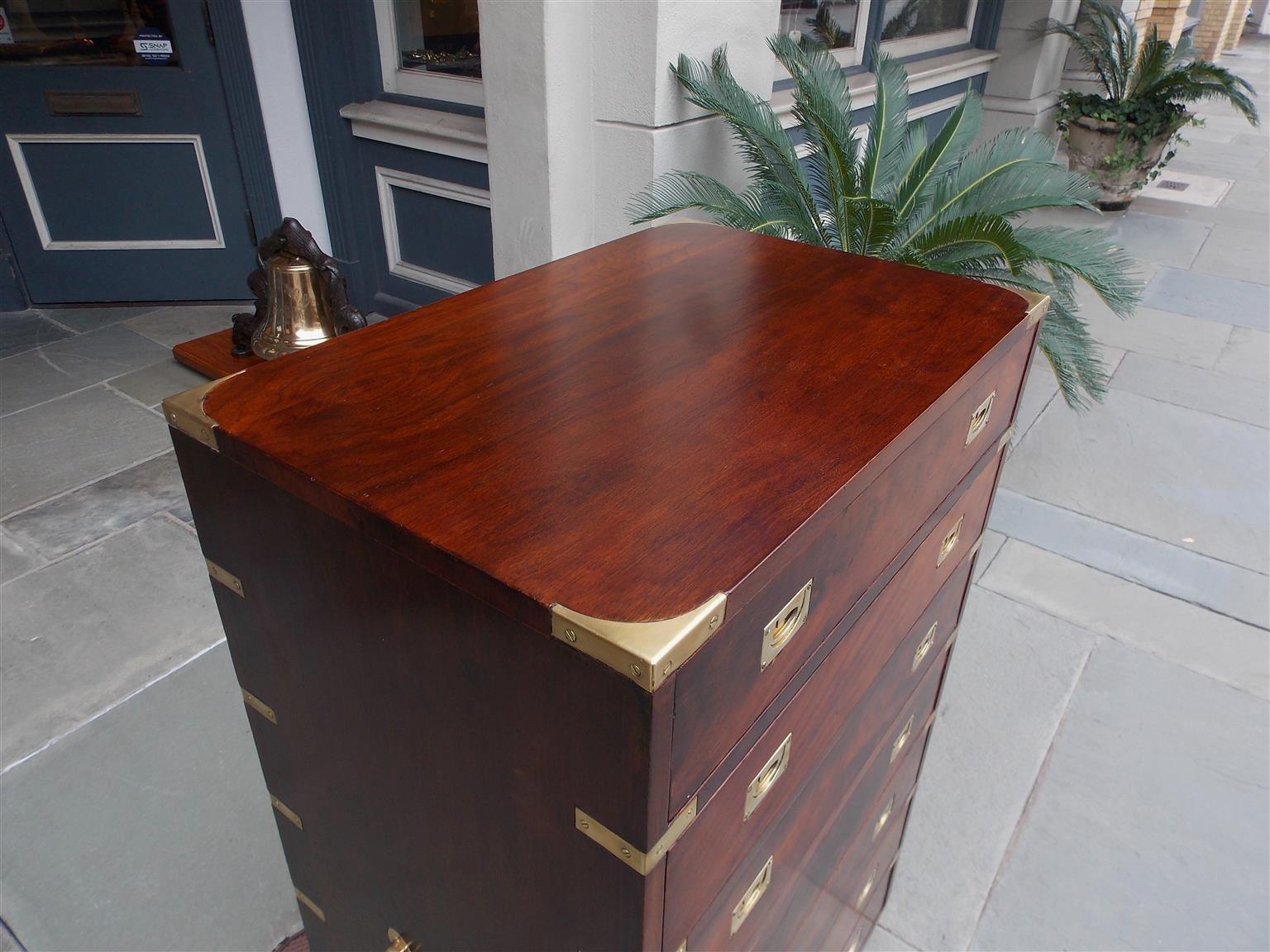 Late 19th Century English Mahogany Military Campaign Tall Chest with Recessed Brasses, Circa 1870
