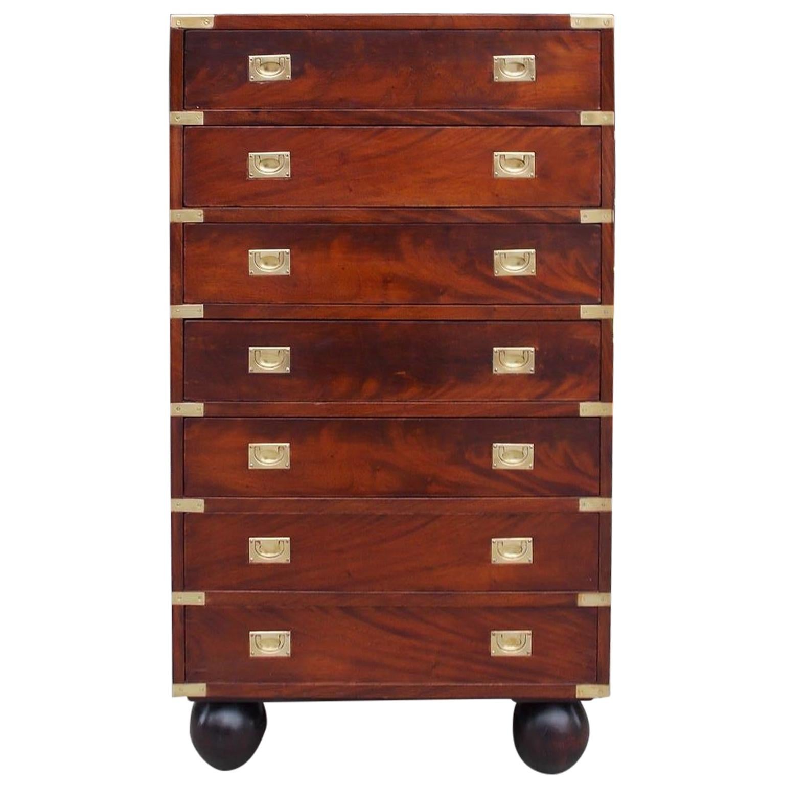 English Mahogany Military Campaign Tall Chest with Recessed Brasses, Circa 1870