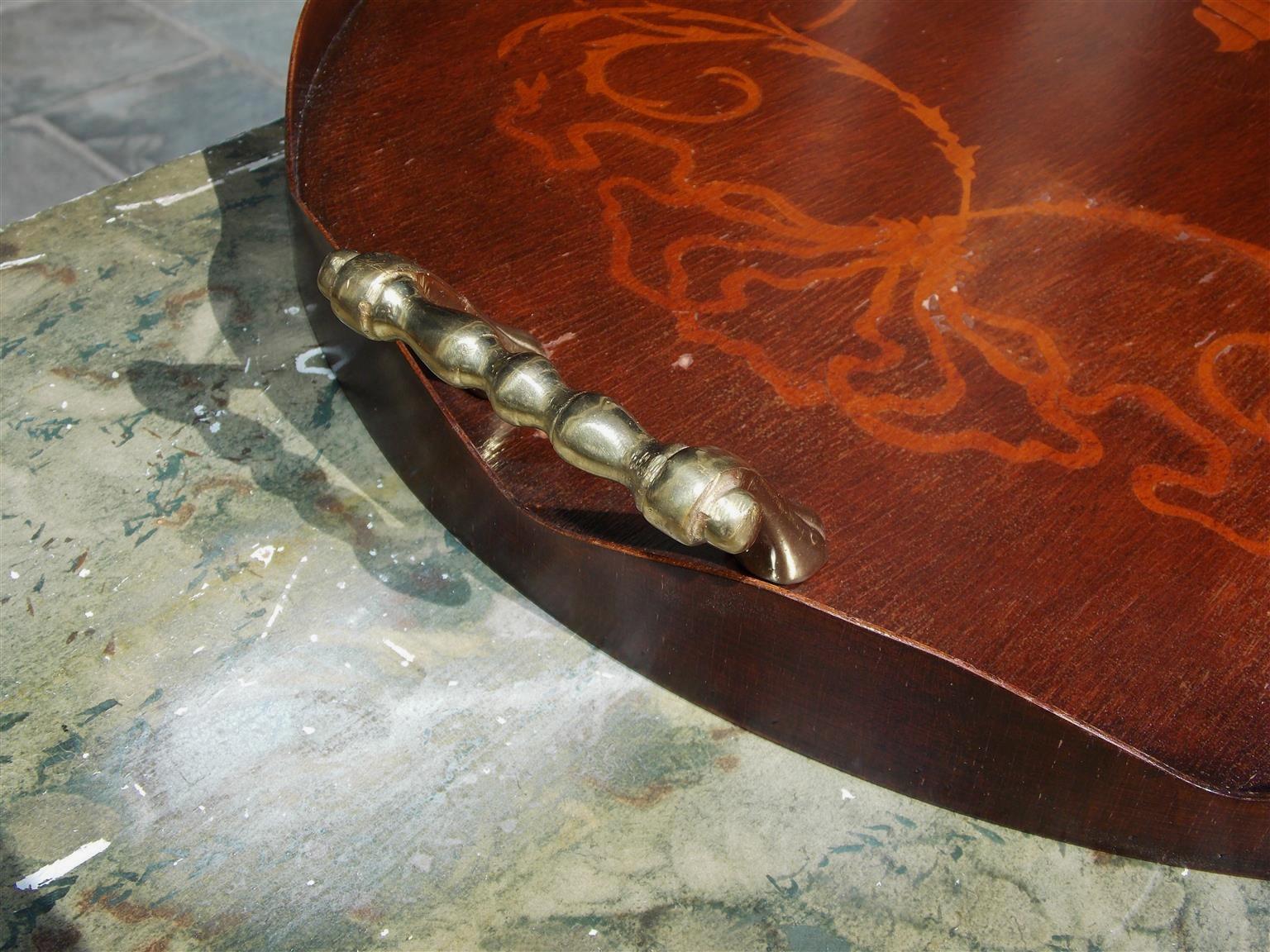 George III English Mahogany Oval Inlaid Serving Tray with Brass Side Handles. Circa 1810 For Sale