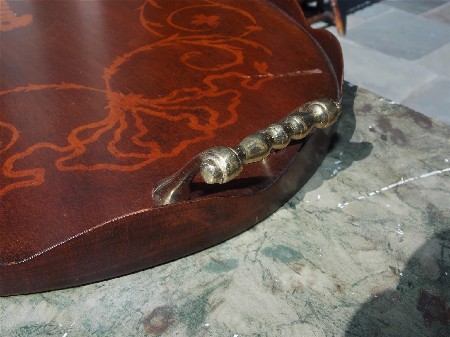 Hand-Carved English Mahogany Oval Inlaid Serving Tray with Brass Side Handles. Circa 1810 For Sale