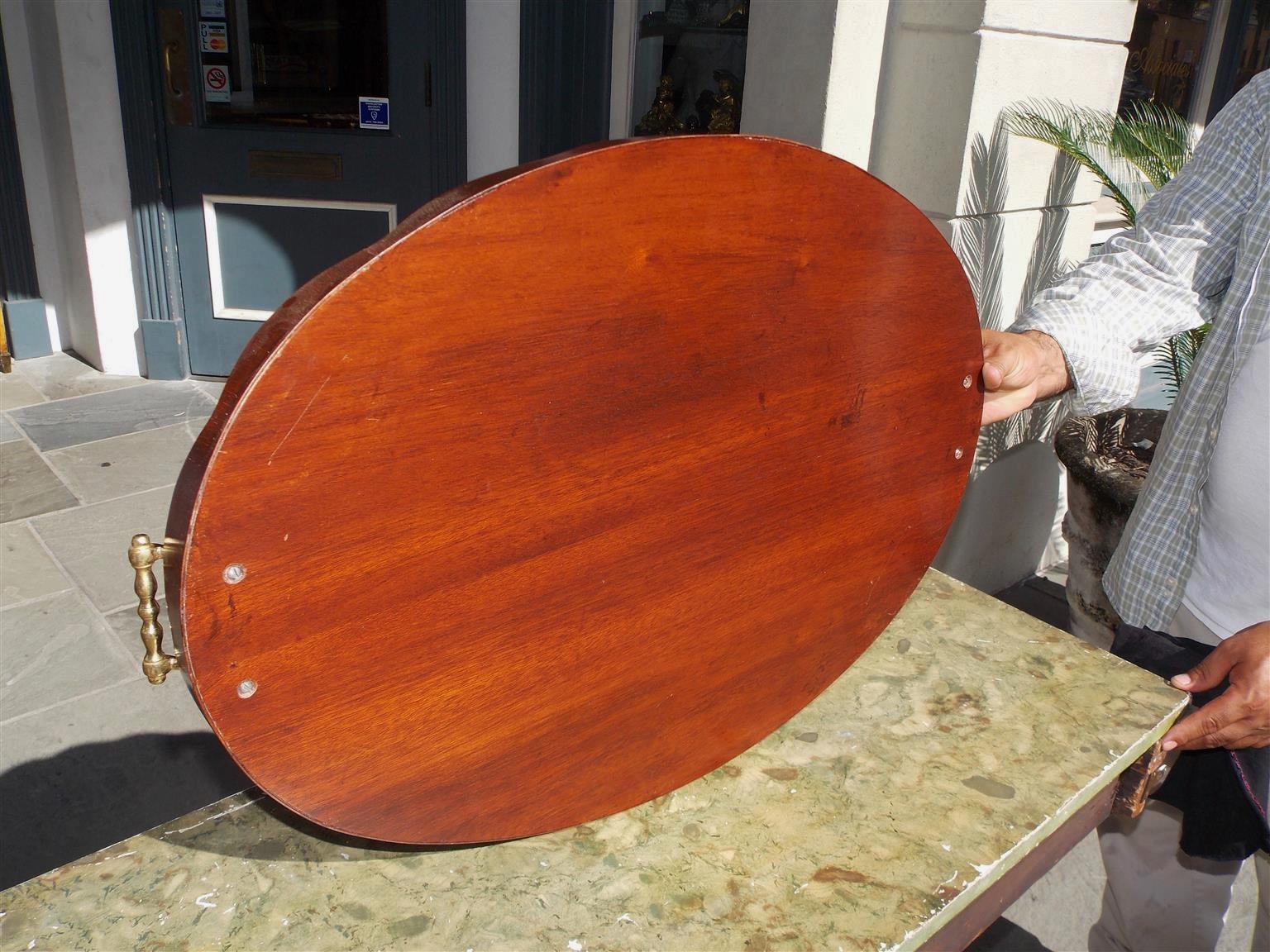 English Mahogany Oval Inlaid Serving Tray with Brass Side Handles. Circa 1810 In Good Condition For Sale In Hollywood, SC