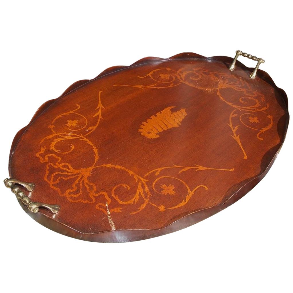 English Mahogany Oval Inlaid Serving Tray with Brass Side Handles. Circa 1810 For Sale