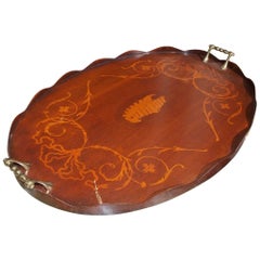 Antique English Mahogany Oval Inlaid Serving Tray with Brass Side Handles. Circa 1810