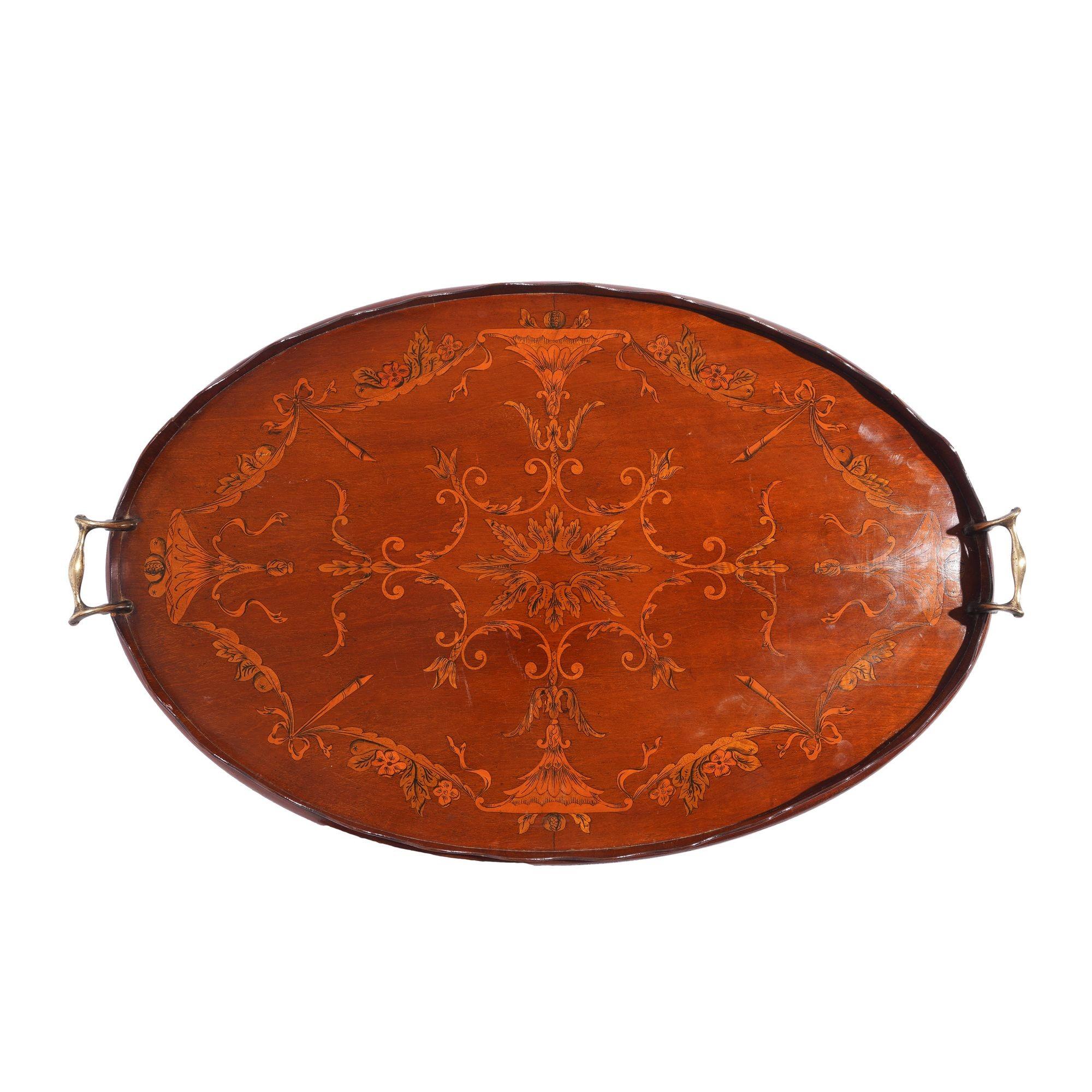 English mahogany oval inlaid serving tray with scalloped gallery, c. 1800's For Sale 3