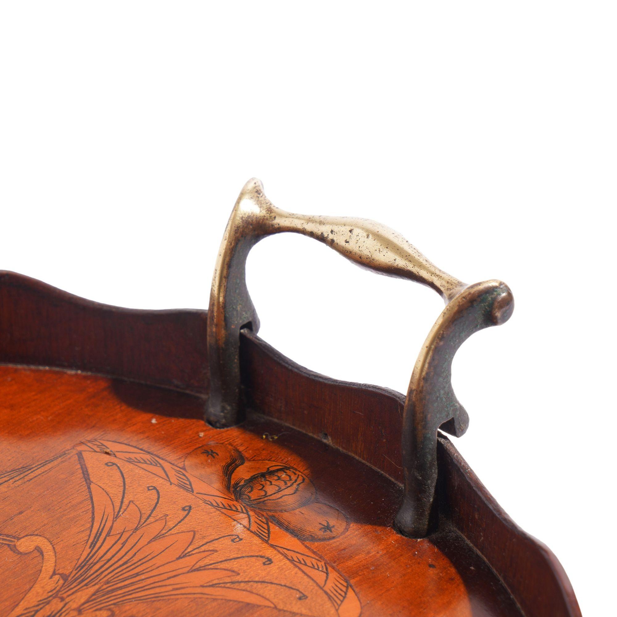 English mahogany oval inlaid serving tray with scalloped gallery, c. 1800's For Sale 5