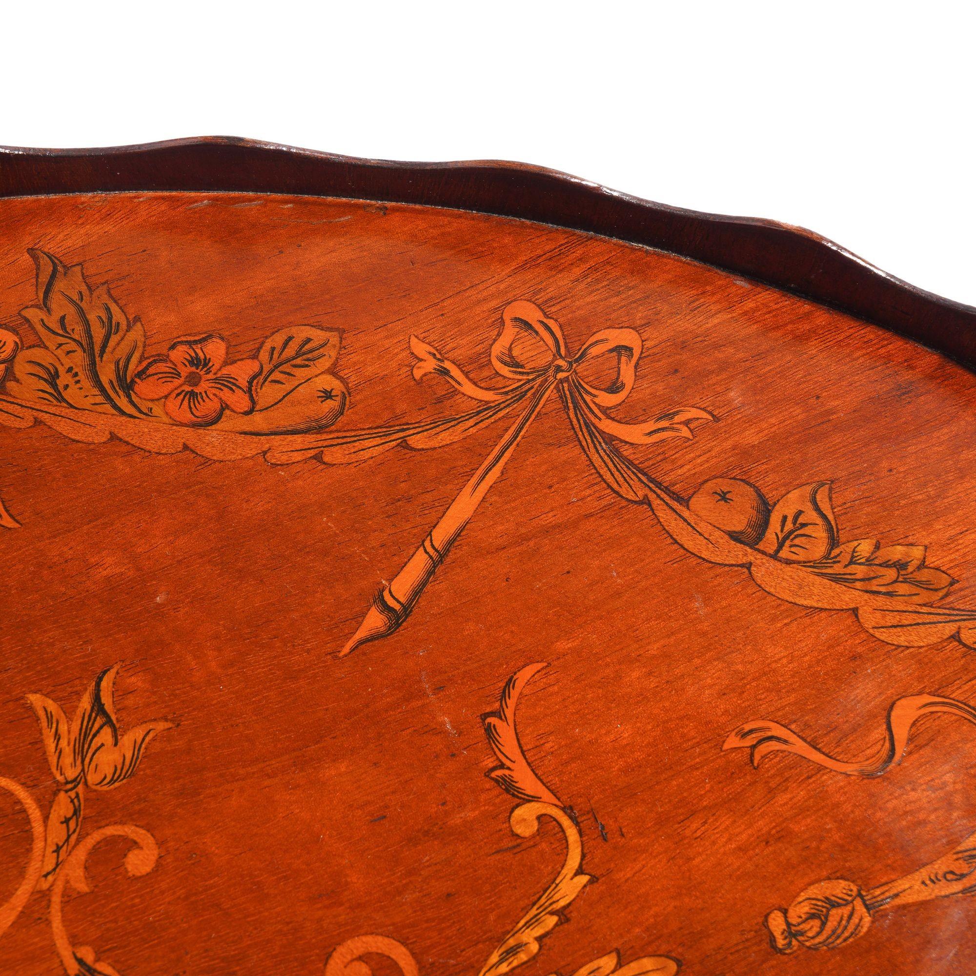 English mahogany oval inlaid serving tray with scalloped gallery, c. 1800's For Sale 6