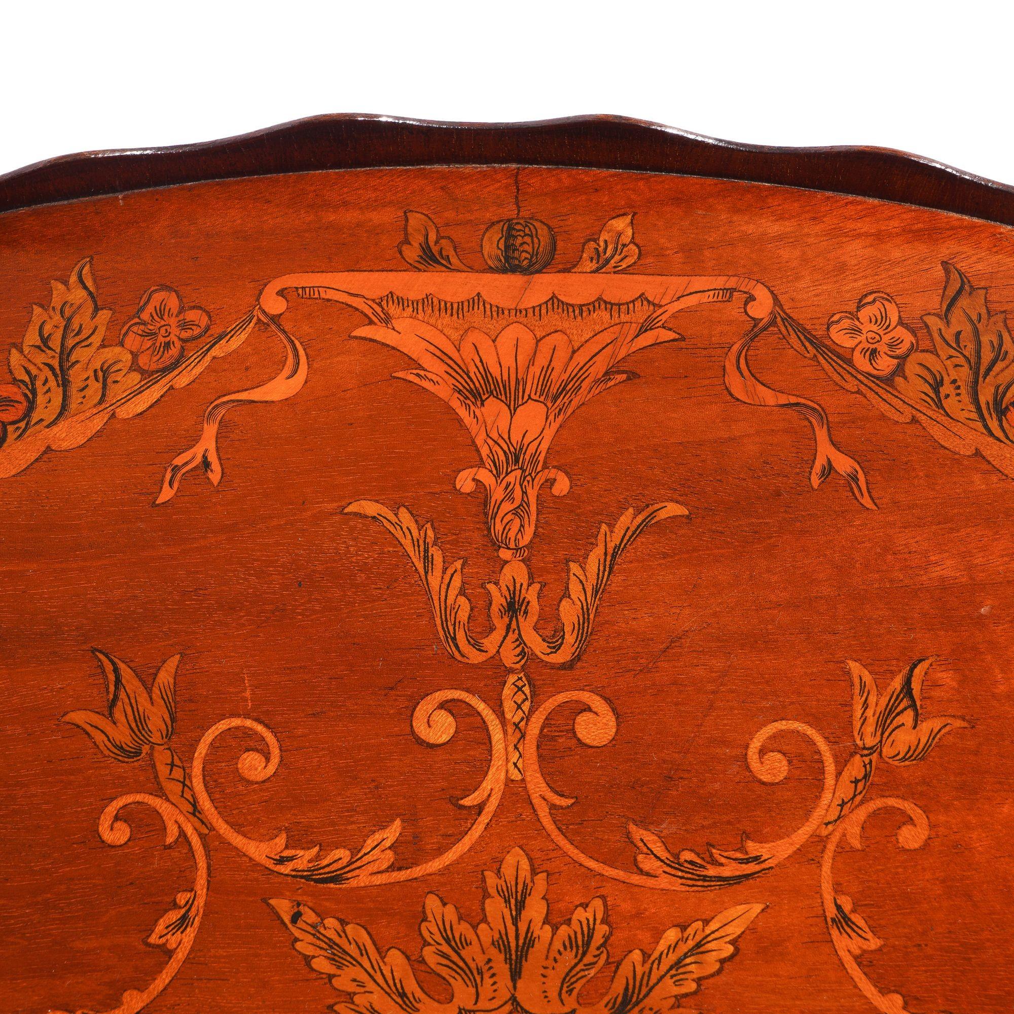 English mahogany oval inlaid serving tray with scalloped gallery, c. 1800's For Sale 7