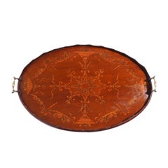 English mahogany oval inlaid serving tray with scalloped gallery, c. 1800's