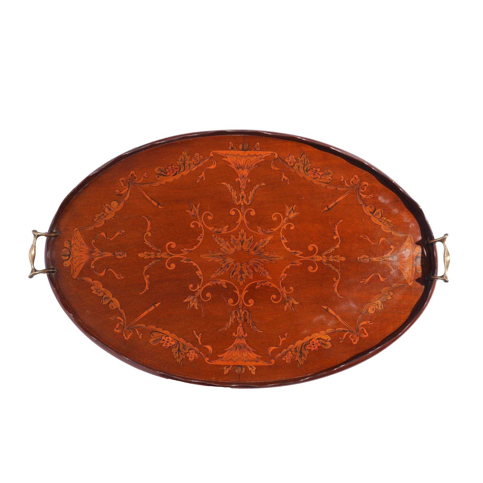 Adam Style English mahogany oval inlaid serving tray with scalloped gallery, c. 1800's For Sale