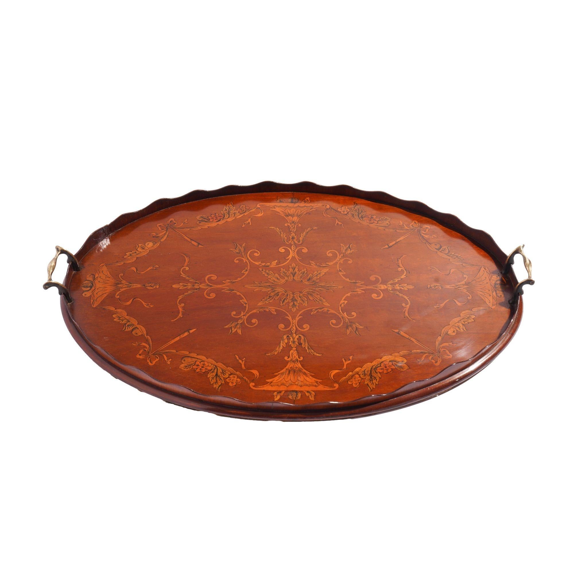 British English mahogany oval inlaid serving tray with scalloped gallery, c. 1800's For Sale