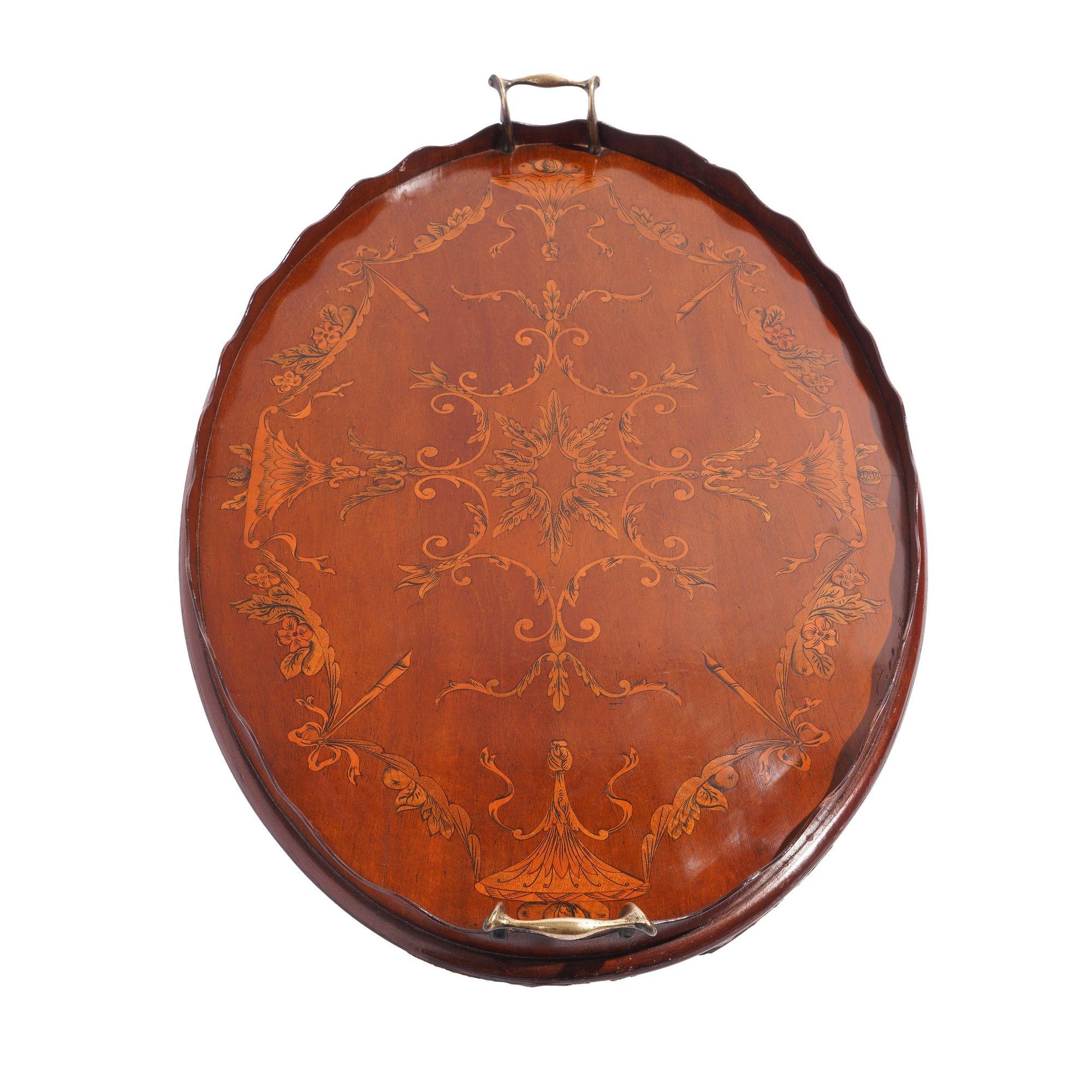19th Century English mahogany oval inlaid serving tray with scalloped gallery, c. 1800's For Sale