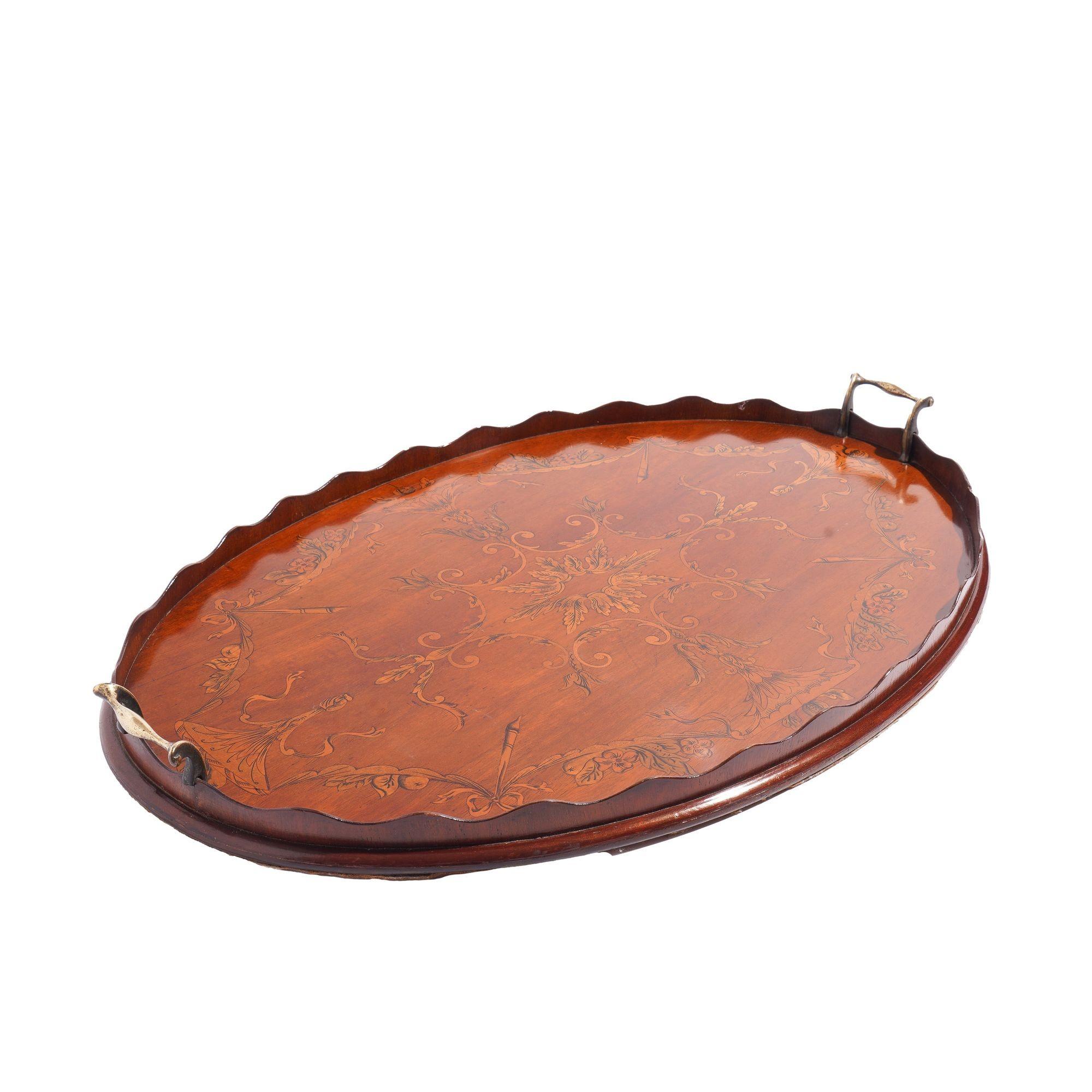 Brass English mahogany oval inlaid serving tray with scalloped gallery, c. 1800's For Sale