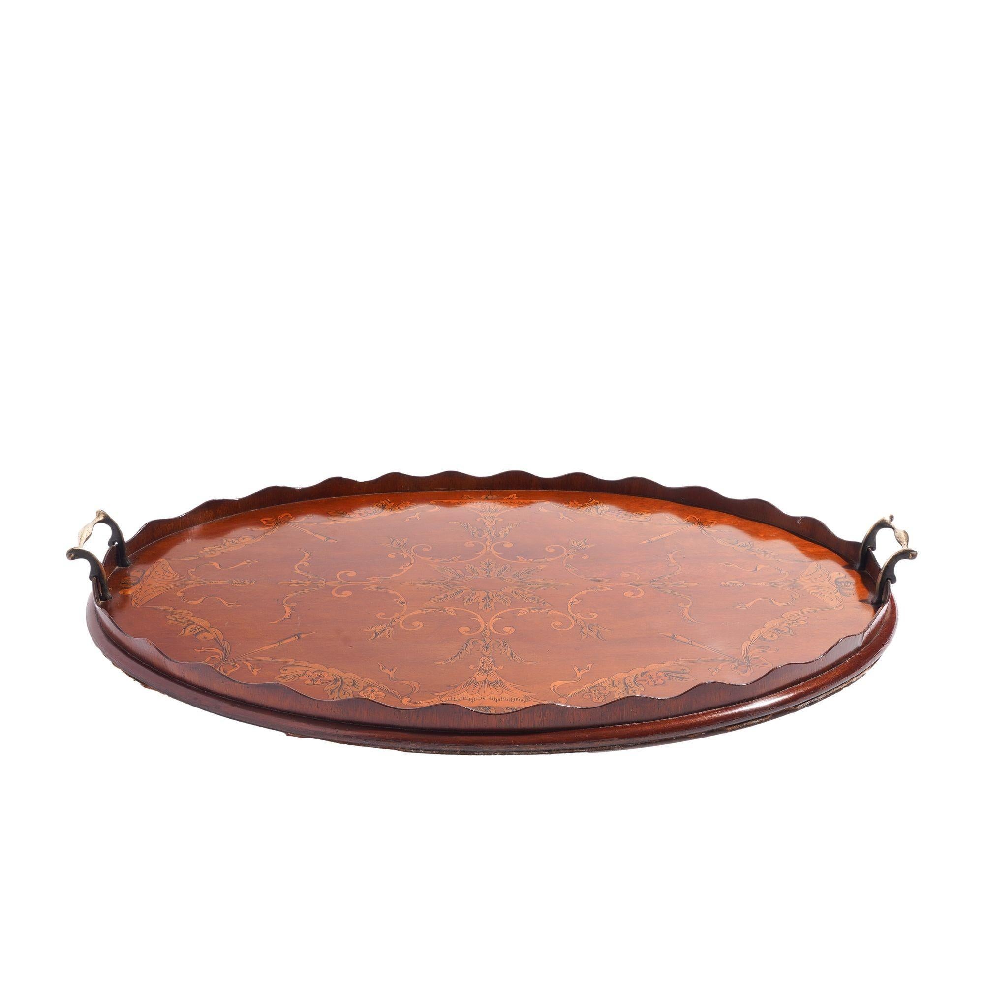 English mahogany oval inlaid serving tray with scalloped gallery, c. 1800's For Sale 1
