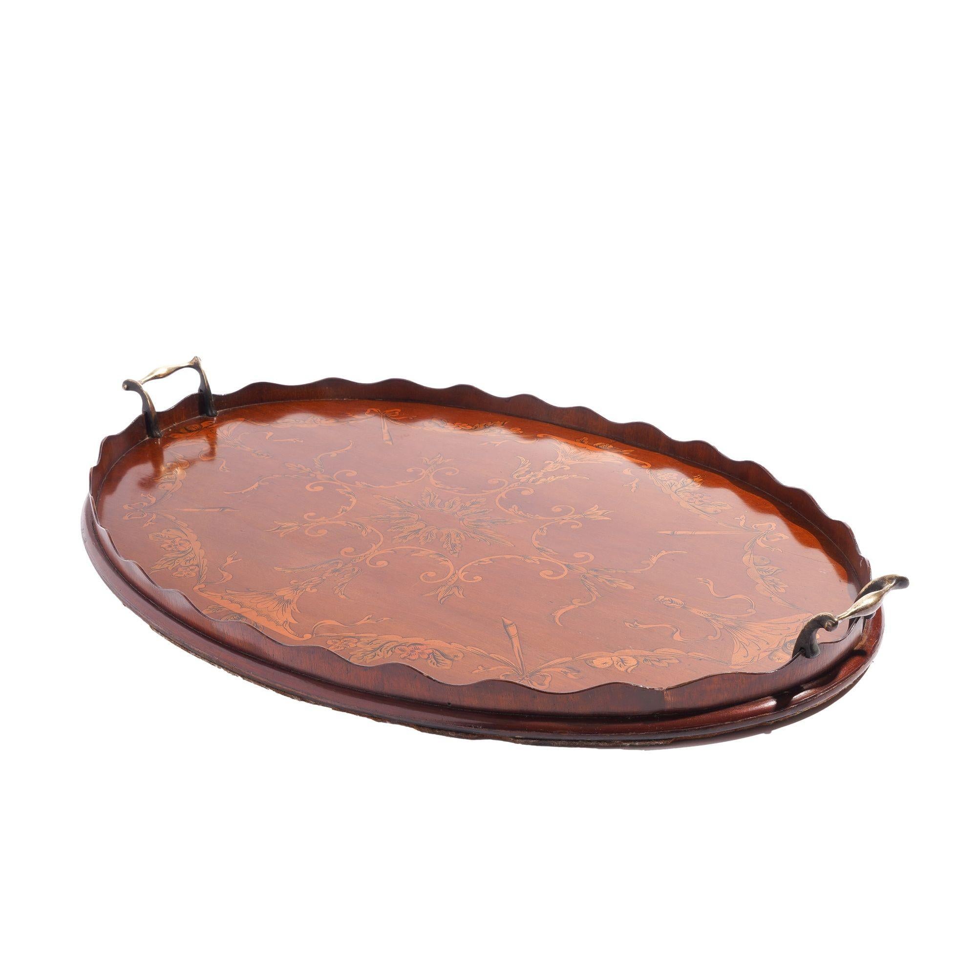 English mahogany oval inlaid serving tray with scalloped gallery, c. 1800's For Sale 2