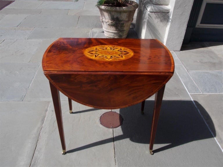 Hand-Carved English Mahogany Oval Satinwood Inlaid One Drawer Pembroke Table, circa 1770 For Sale