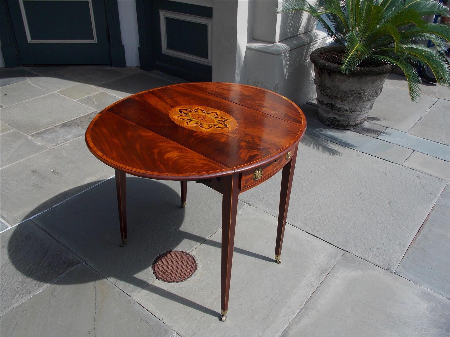 Late 18th Century English Mahogany Oval Satinwood Inlaid One Drawer Pembroke Table, Circa 1770
