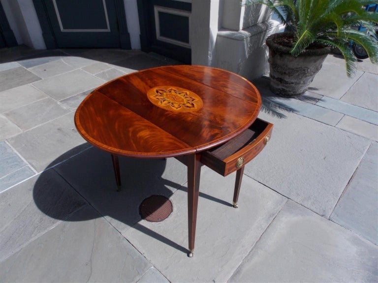 Brass English Mahogany Oval Satinwood Inlaid One Drawer Pembroke Table, circa 1770 For Sale