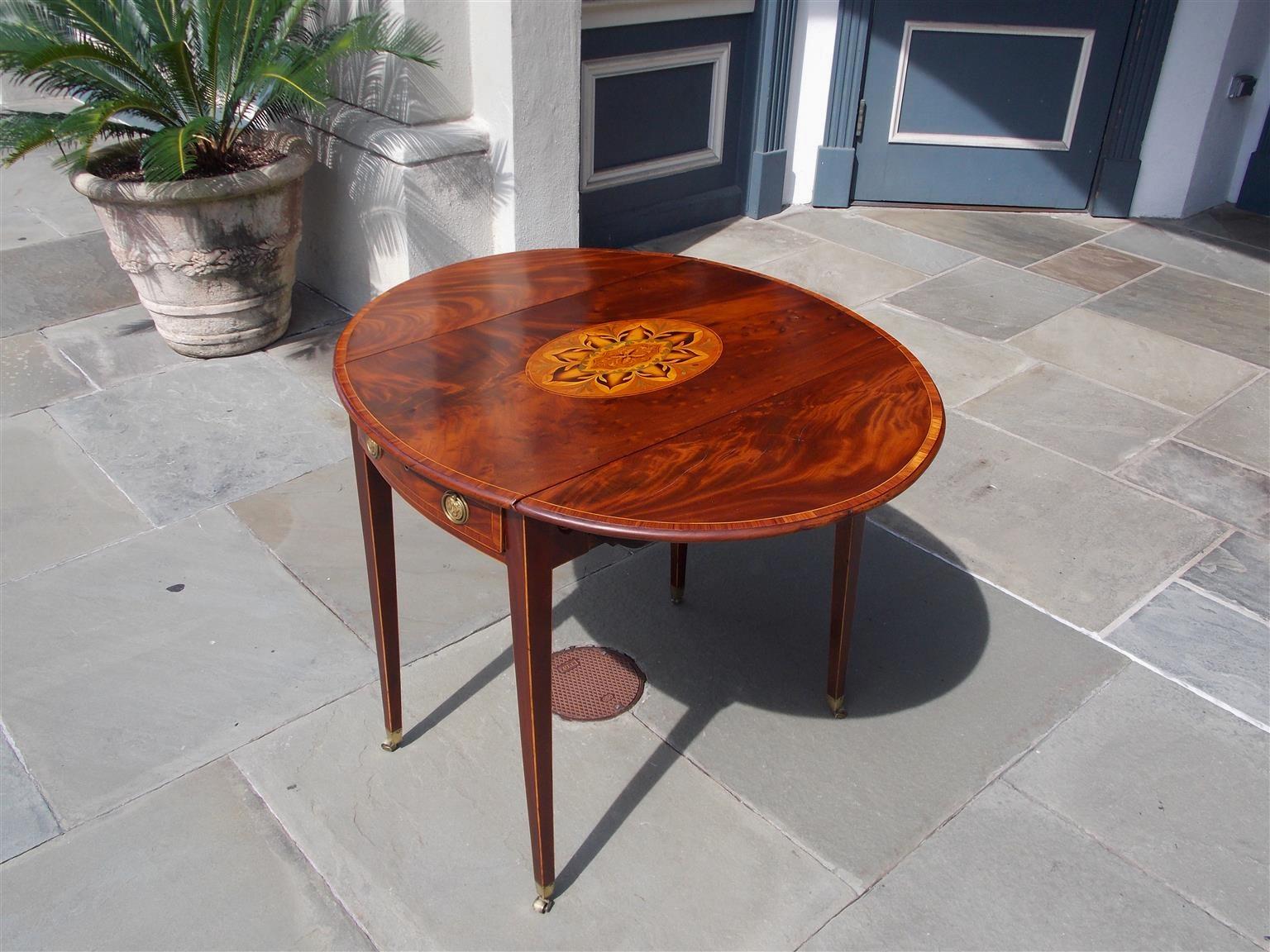 English Mahogany Oval Satinwood Inlaid One Drawer Pembroke Table, Circa 1770 1