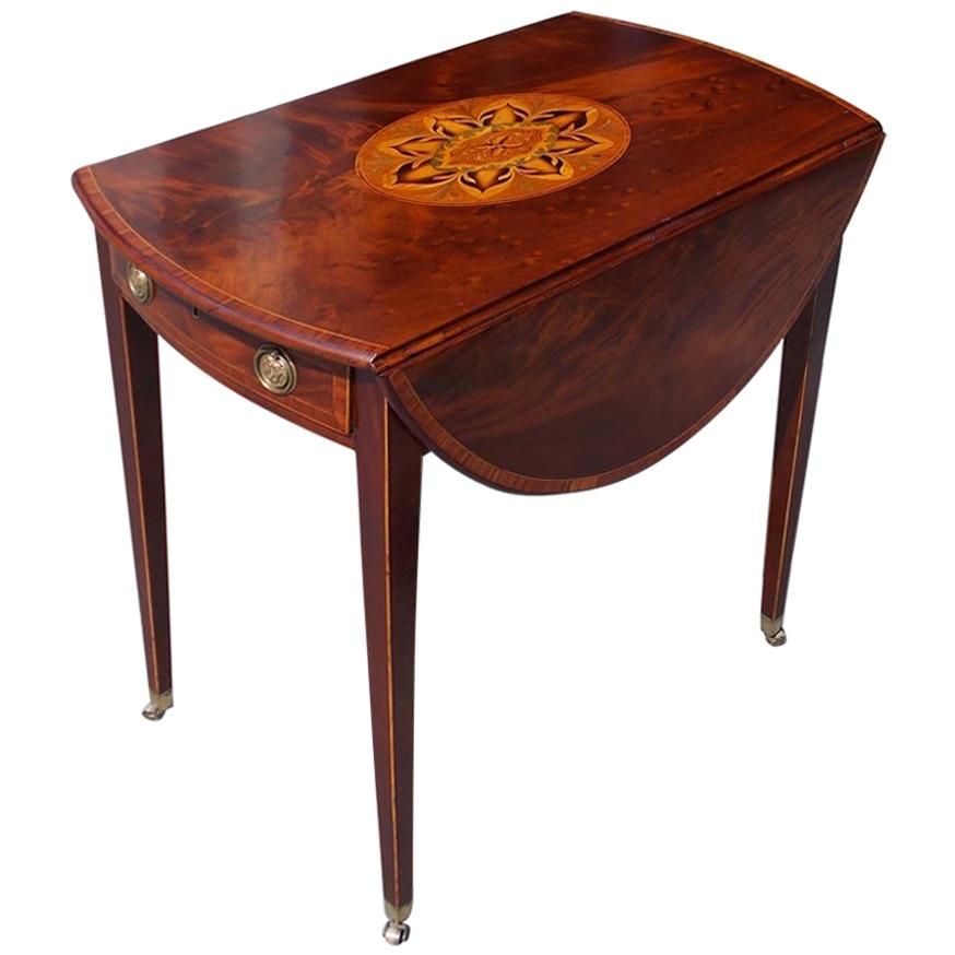 English Mahogany Oval Satinwood Inlaid One Drawer Pembroke Table, Circa 1770