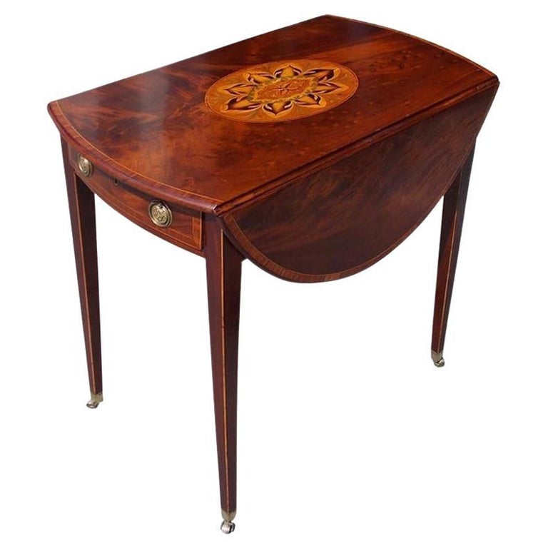 English Mahogany Oval Satinwood Inlaid One Drawer Pembroke Table, circa 1770 For Sale