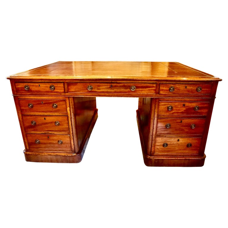 English Mahogany Partners Desk with Gilt Tooled Brown Leather Top at