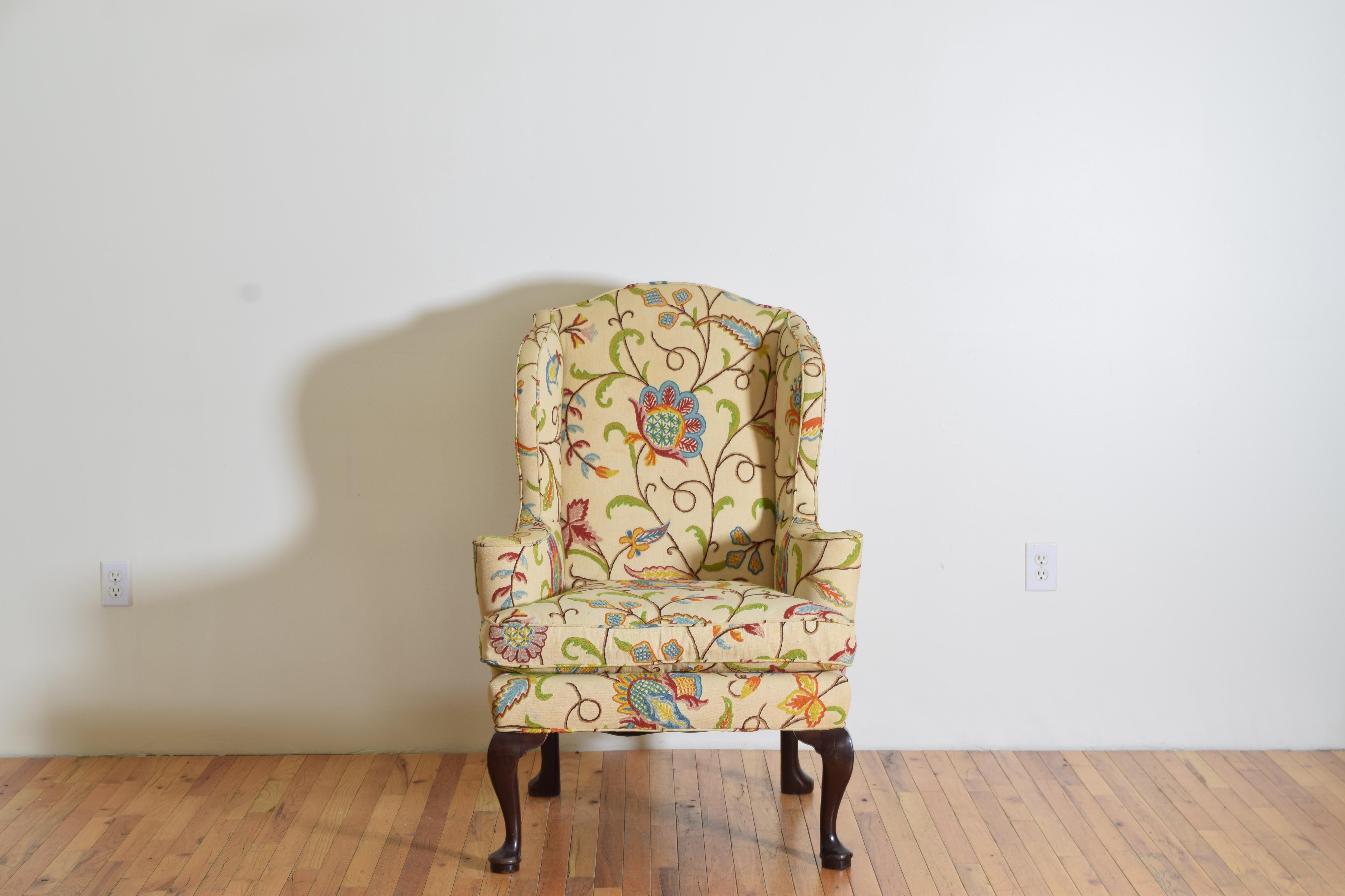 20th Century English Mahogany Queen Anne Style Crewel Work Upholstered Wingchair, ca. 1900