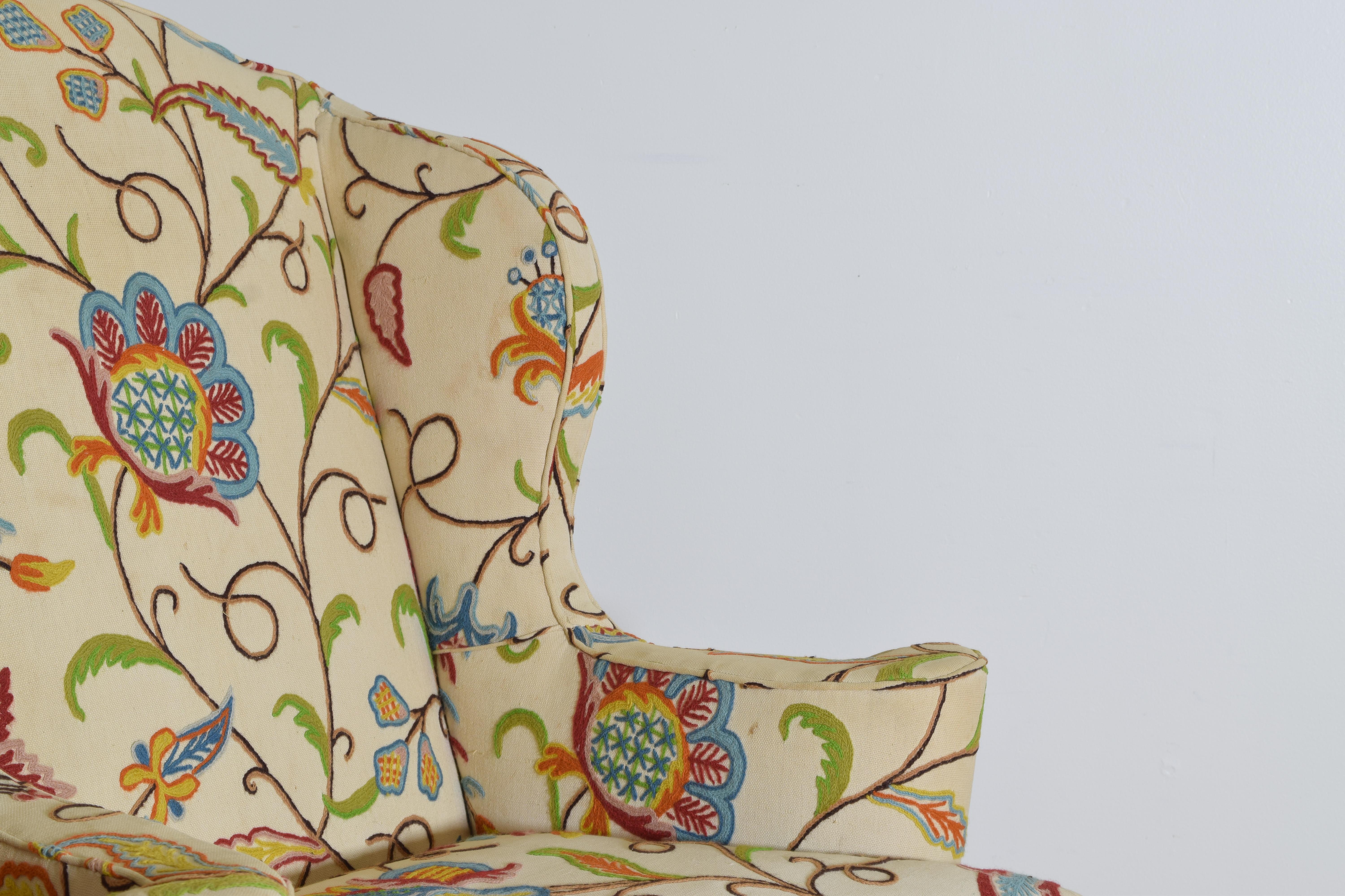 English Mahogany Queen Anne Style Crewel Work Upholstered Wingchair, ca. 1900 3