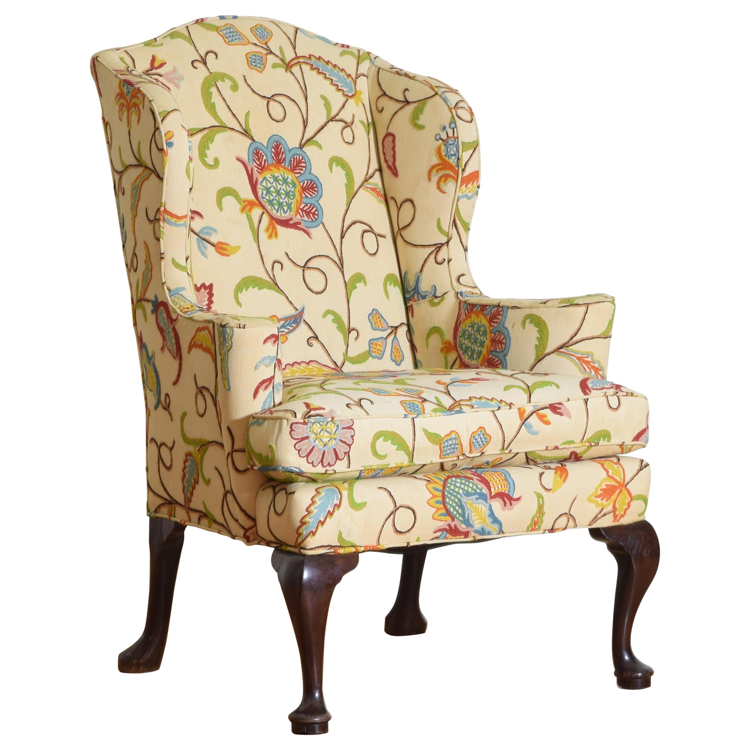 English Mahogany Queen Anne Style Crewel Work Upholstered Wingchair, ca. 1900