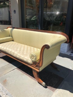 English Mahogany Regency Style Sofa Flat Back Sofa on Elaborate Brass Casters
