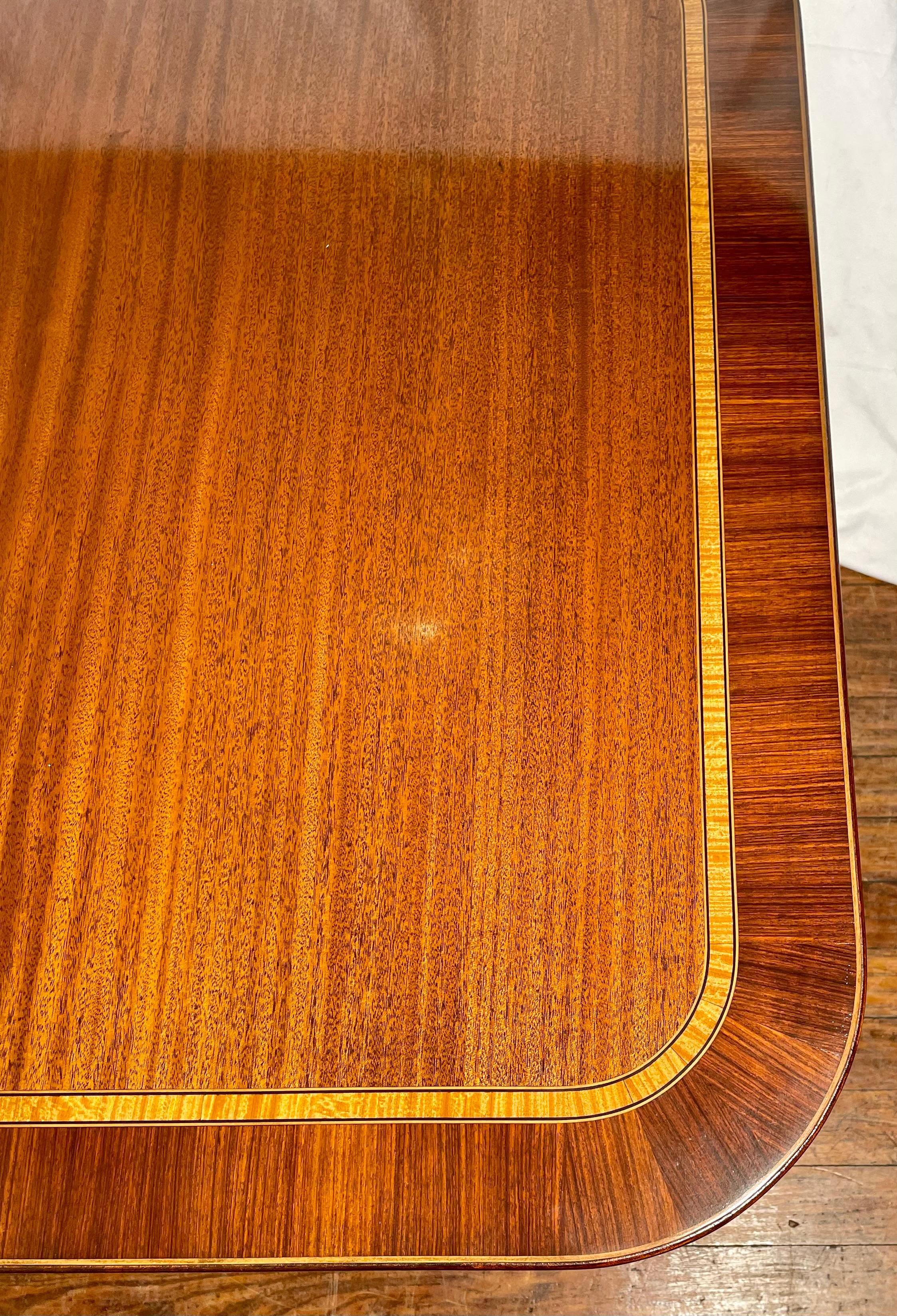 20th Century English Mahogany, Satinwood, & Rosewood Banded Dining Table, circa 1950s For Sale