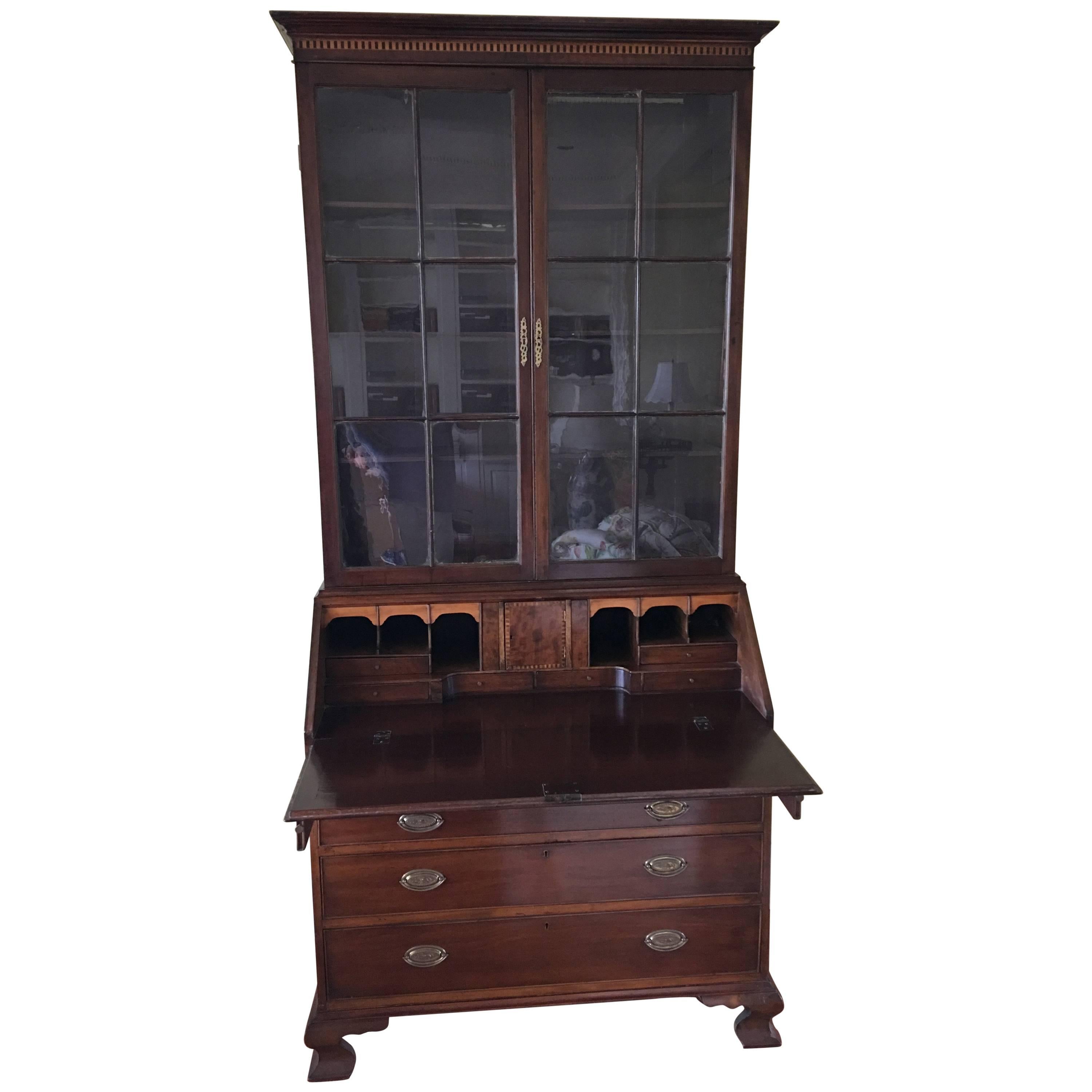 English Mahogany Secretary Bookcase with Glass Doors, 19th Century