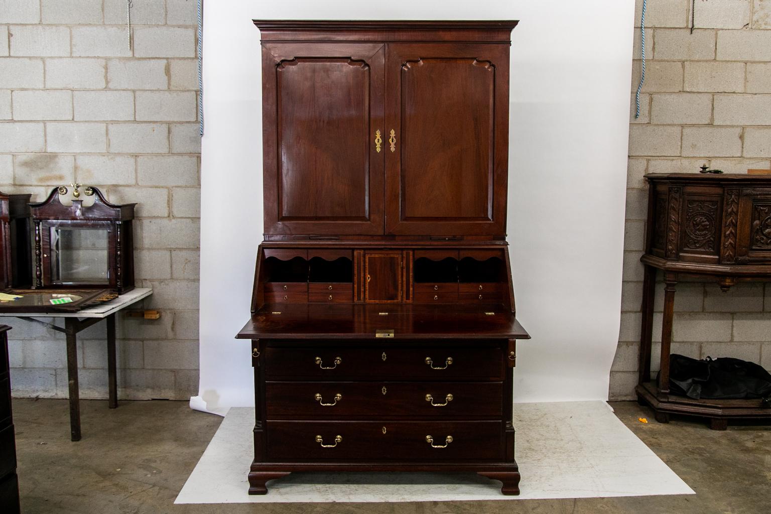 Brass English Mahogany Secretary For Sale