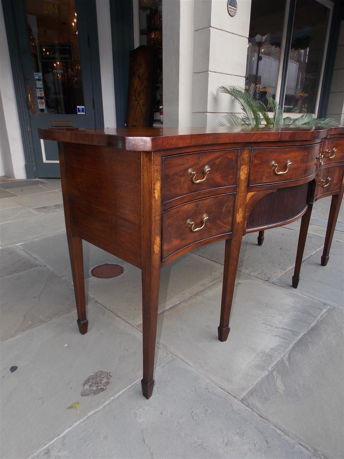 Hand-Carved English Mahogany Serpentine Tambour and Inlaid Sideboard, Circa 1790