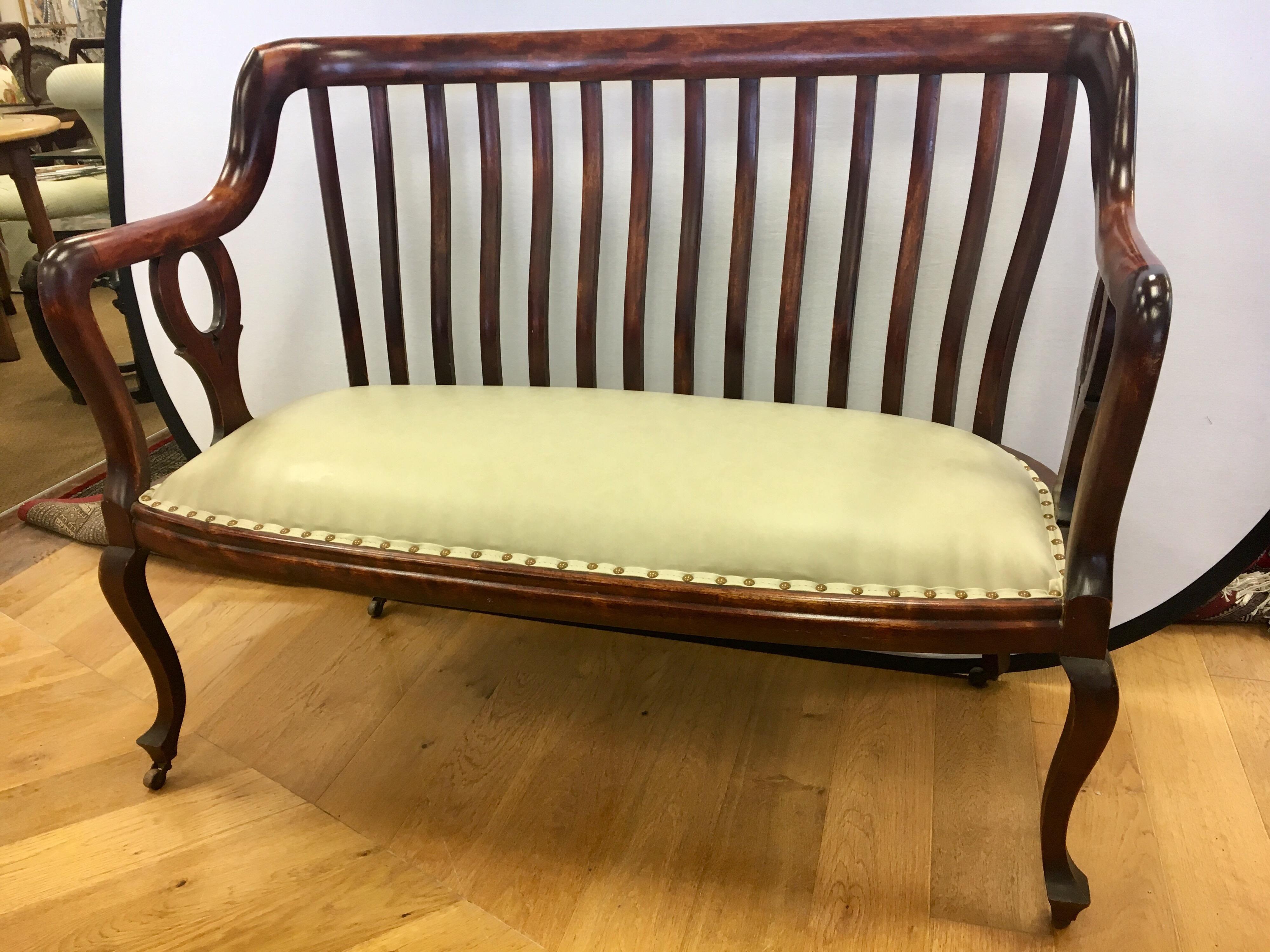 Late 19th Century English Mahogany Settee Bench Fully Restored with New Upholstery Made in England