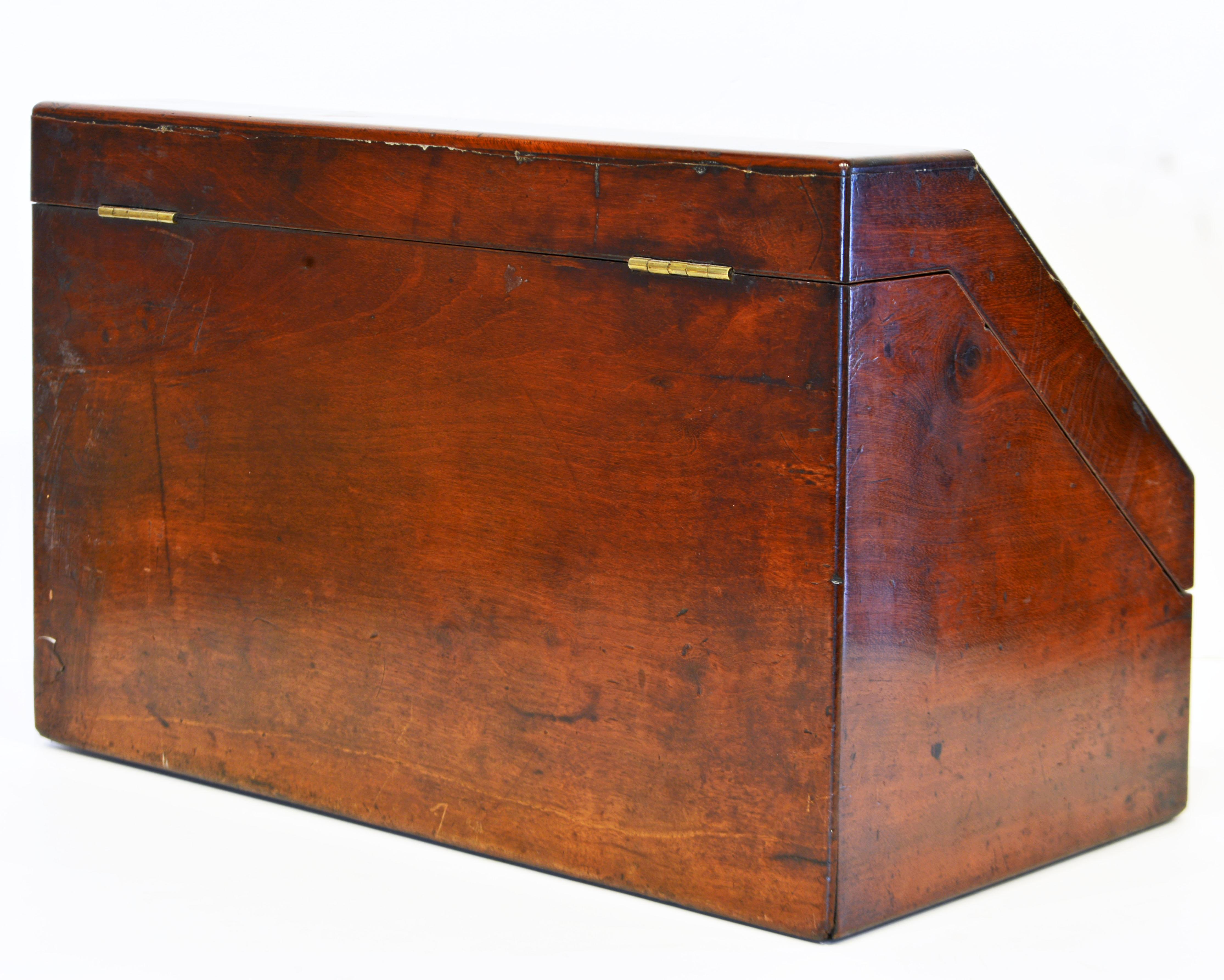 19th Century English Mahogany Slant Top Campaign Letter Box with Complete Interior Circa 1850