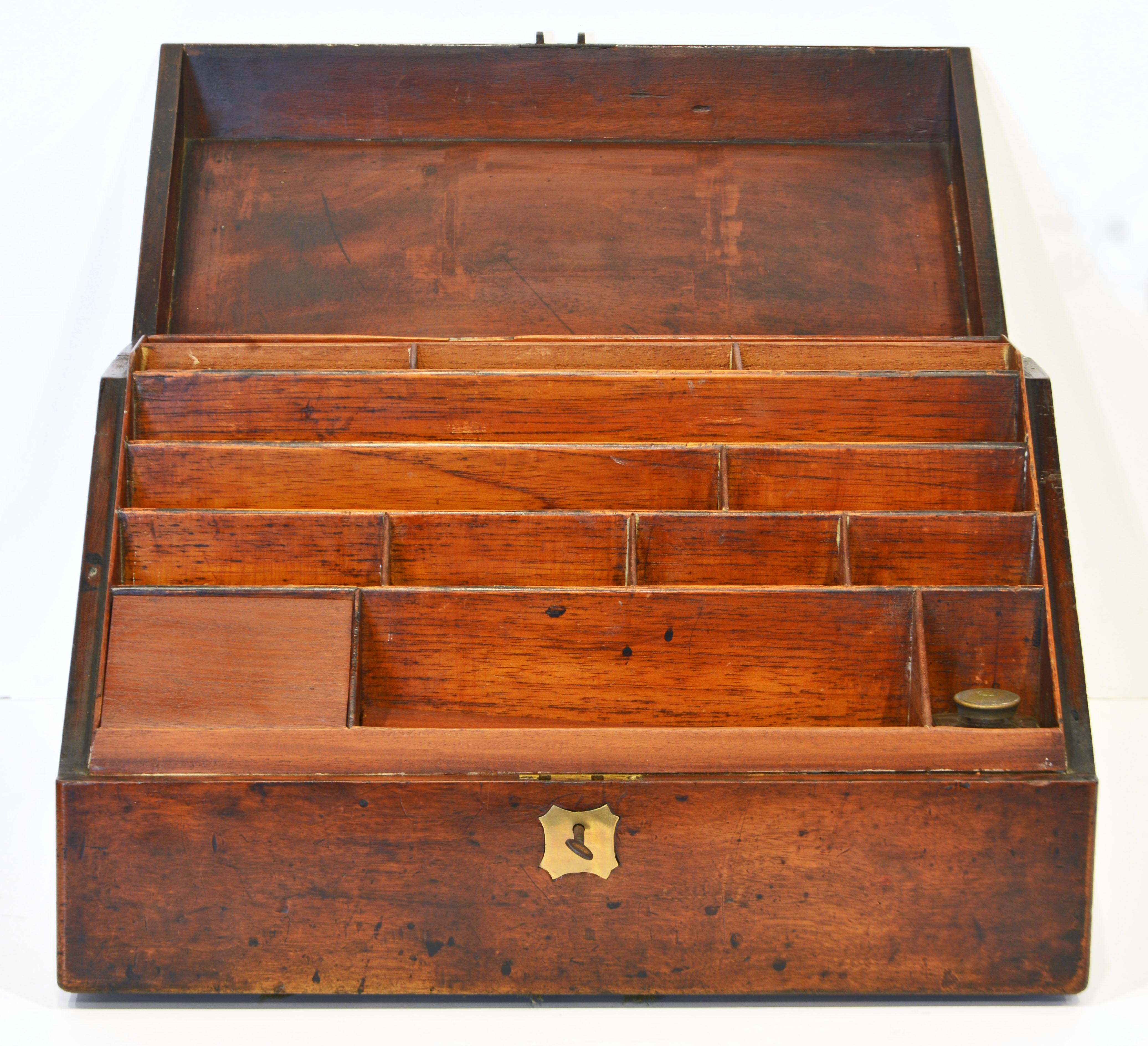 Brass English Mahogany Slant Top Campaign Letter Box with Complete Interior Circa 1850