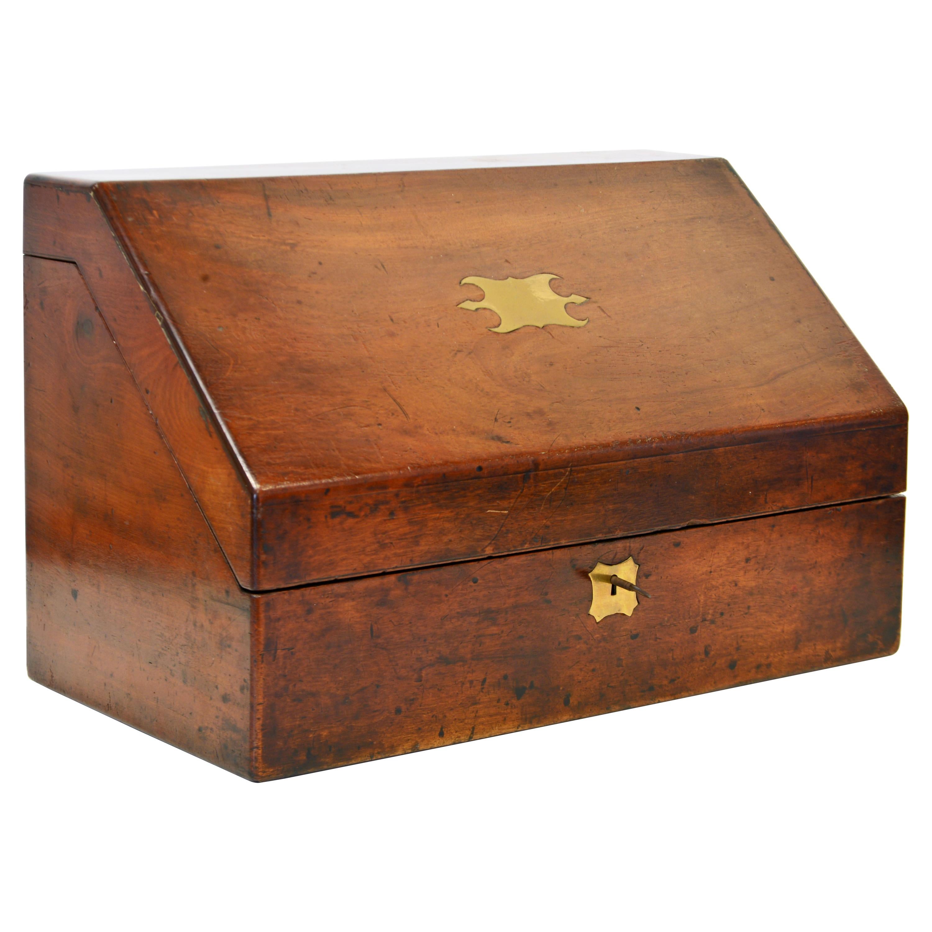 English Mahogany Slant Top Campaign Letter Box with Complete Interior Circa 1850