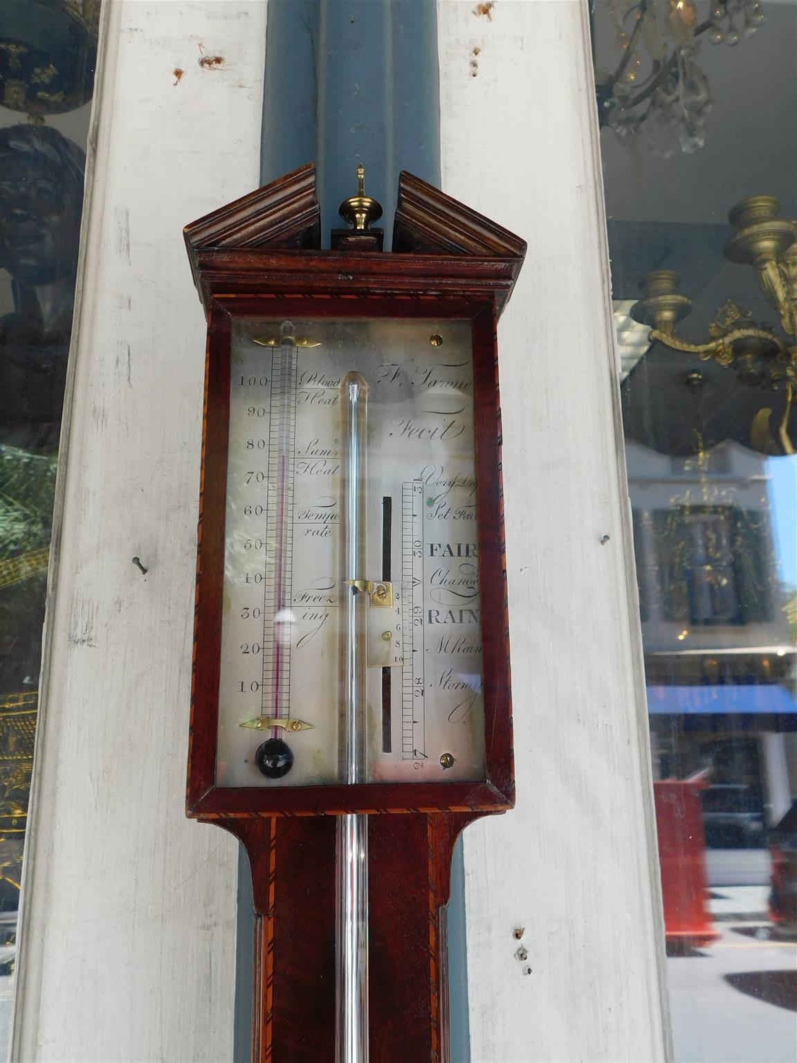 Hand-Carved English Mahogany Steel Engraved Stick Barometer Signed F. Tarone, Circa 1780 For Sale