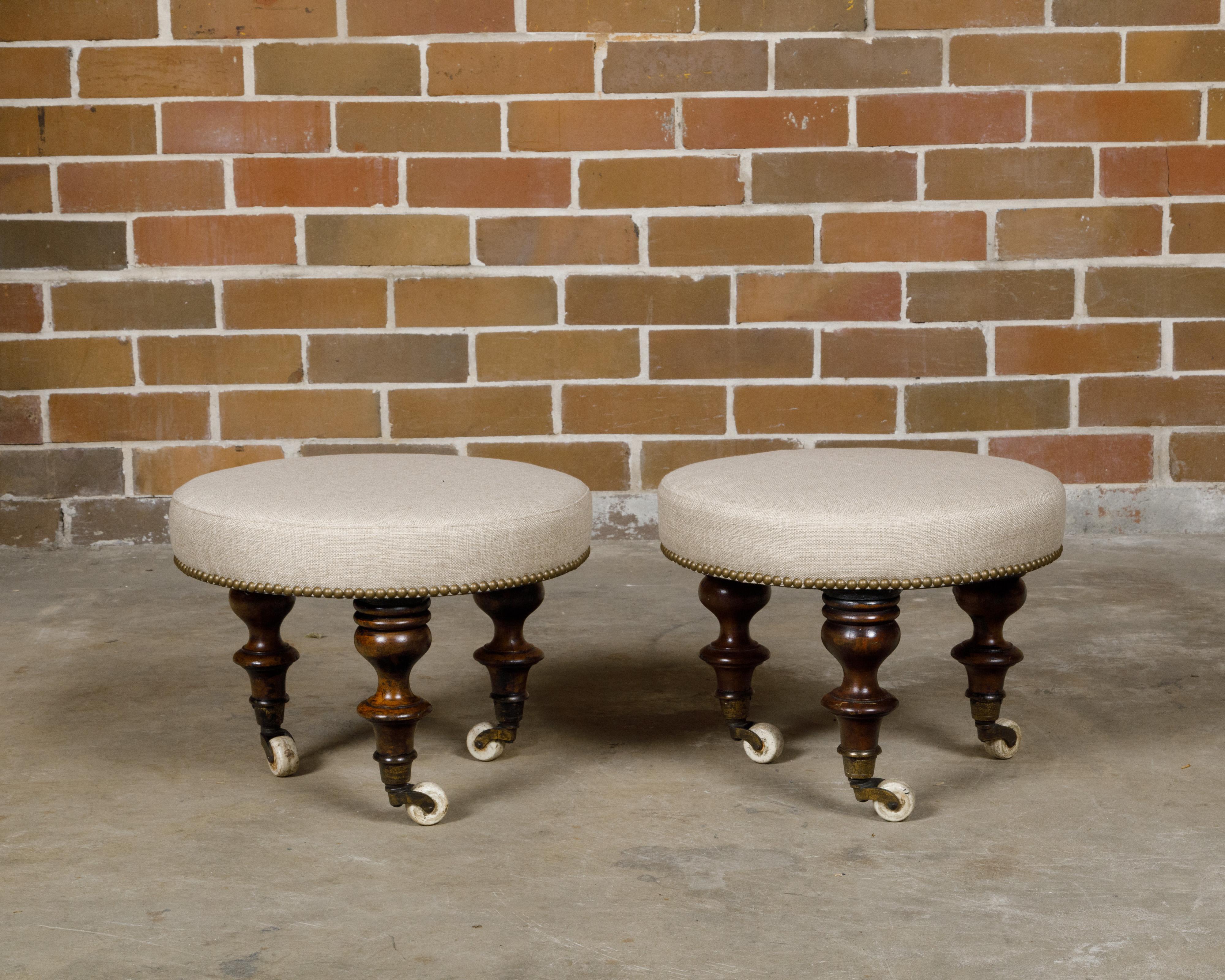 English Mahogany Stools with 19th Century Turned Legs on Casters, a Pair In Good Condition For Sale In Atlanta, GA