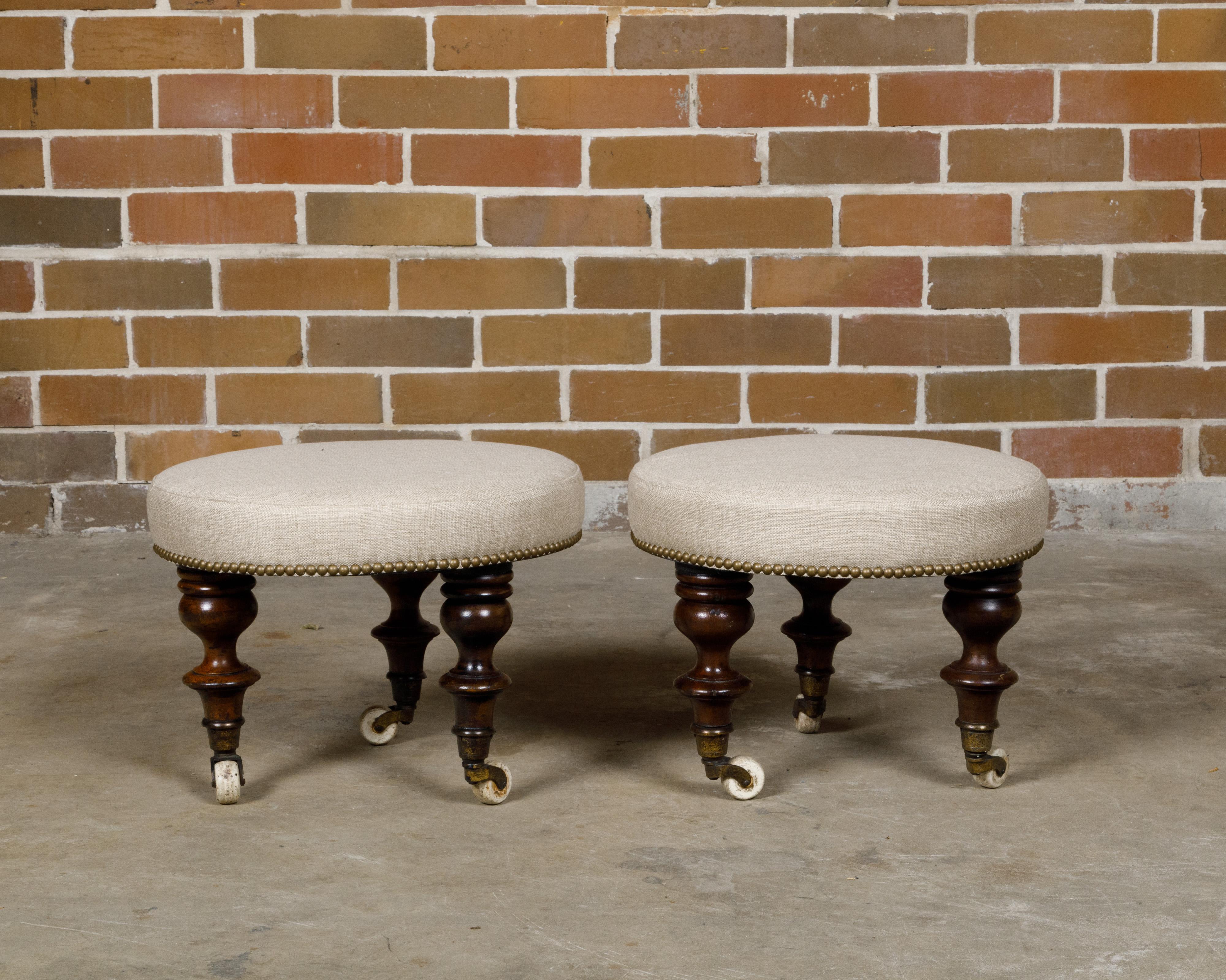 Brass English Mahogany Stools with 19th Century Turned Legs on Casters, a Pair For Sale