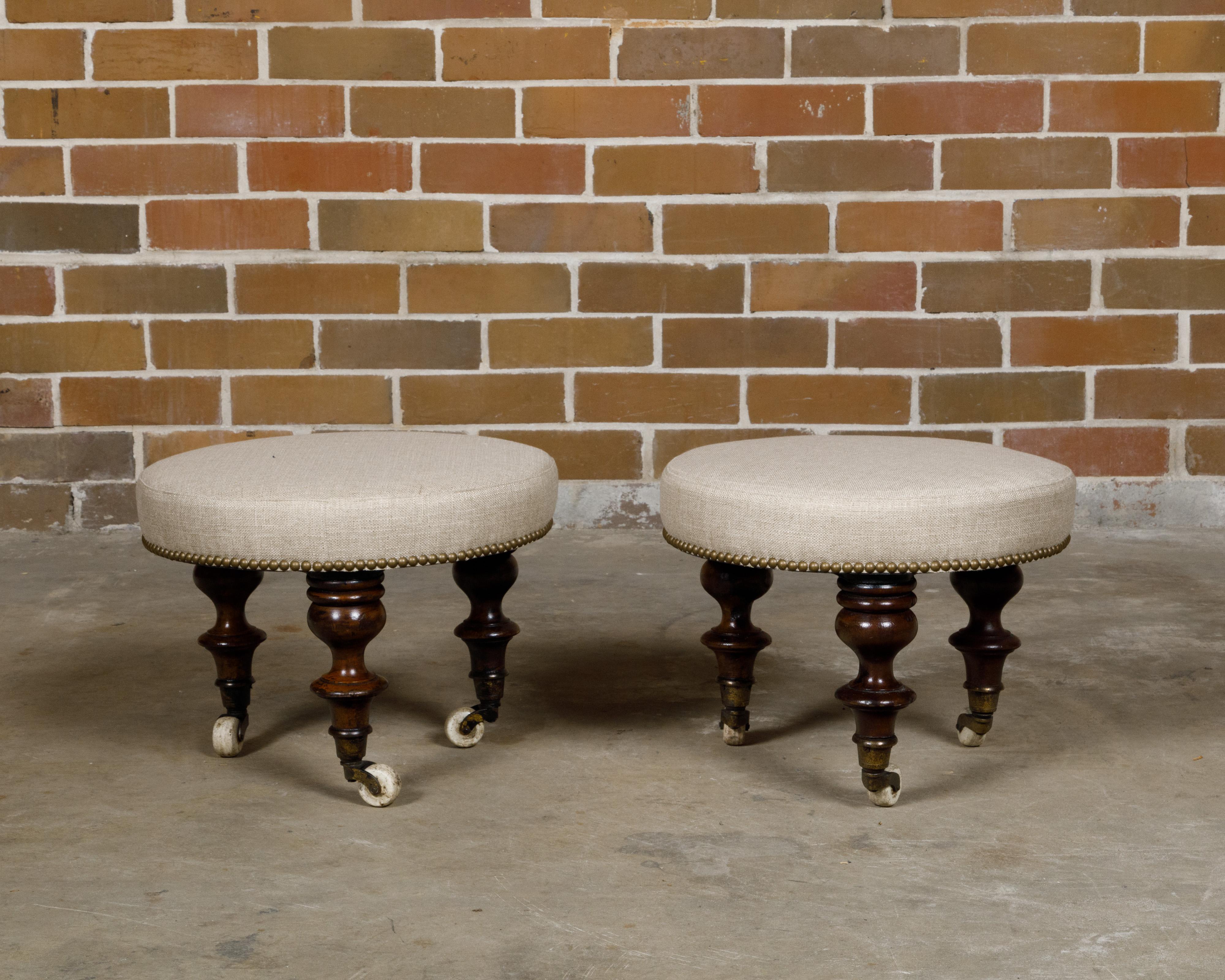 English Mahogany Stools with 19th Century Turned Legs on Casters, a Pair For Sale 1