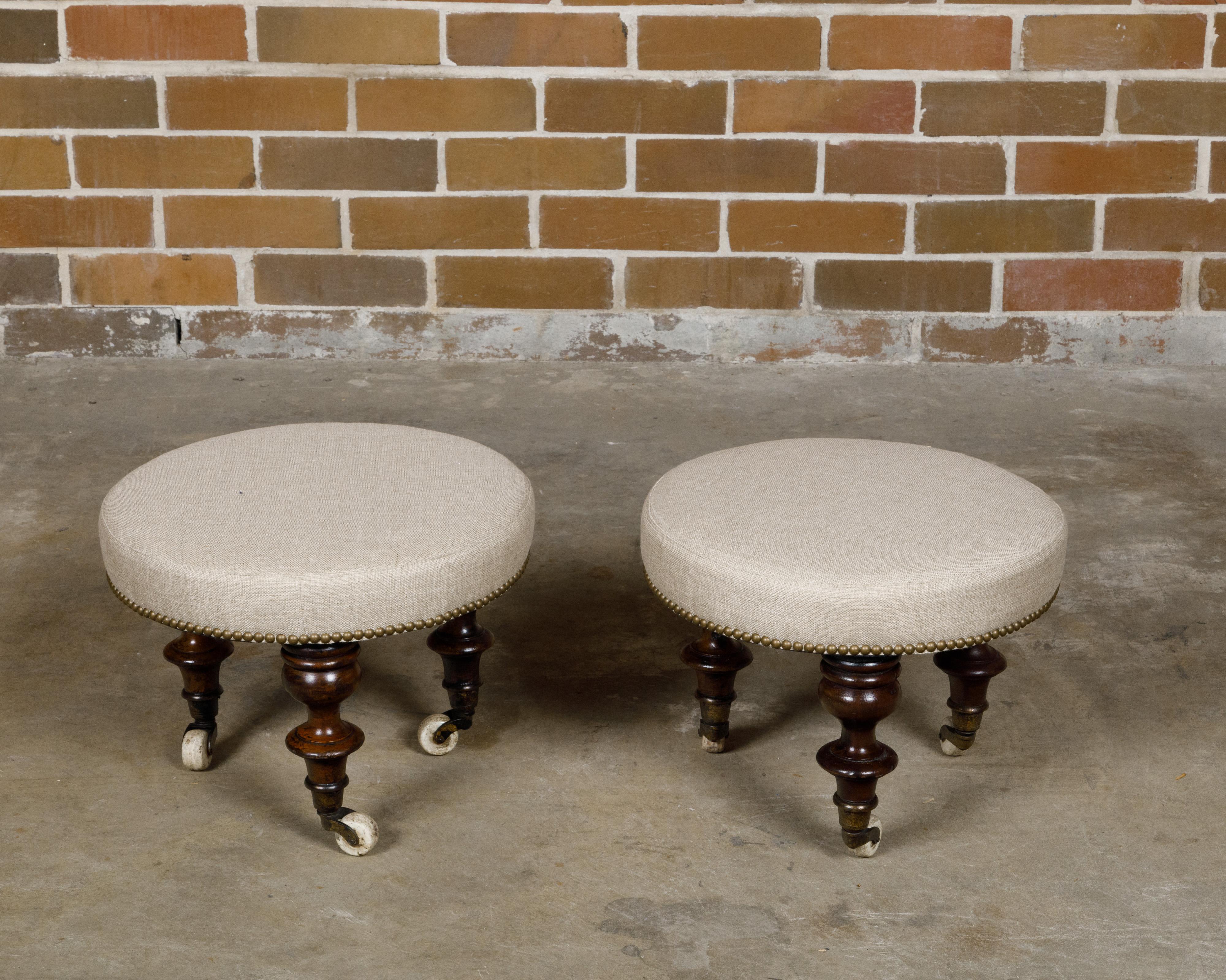 English Mahogany Stools with 19th Century Turned Legs on Casters, a Pair For Sale 5